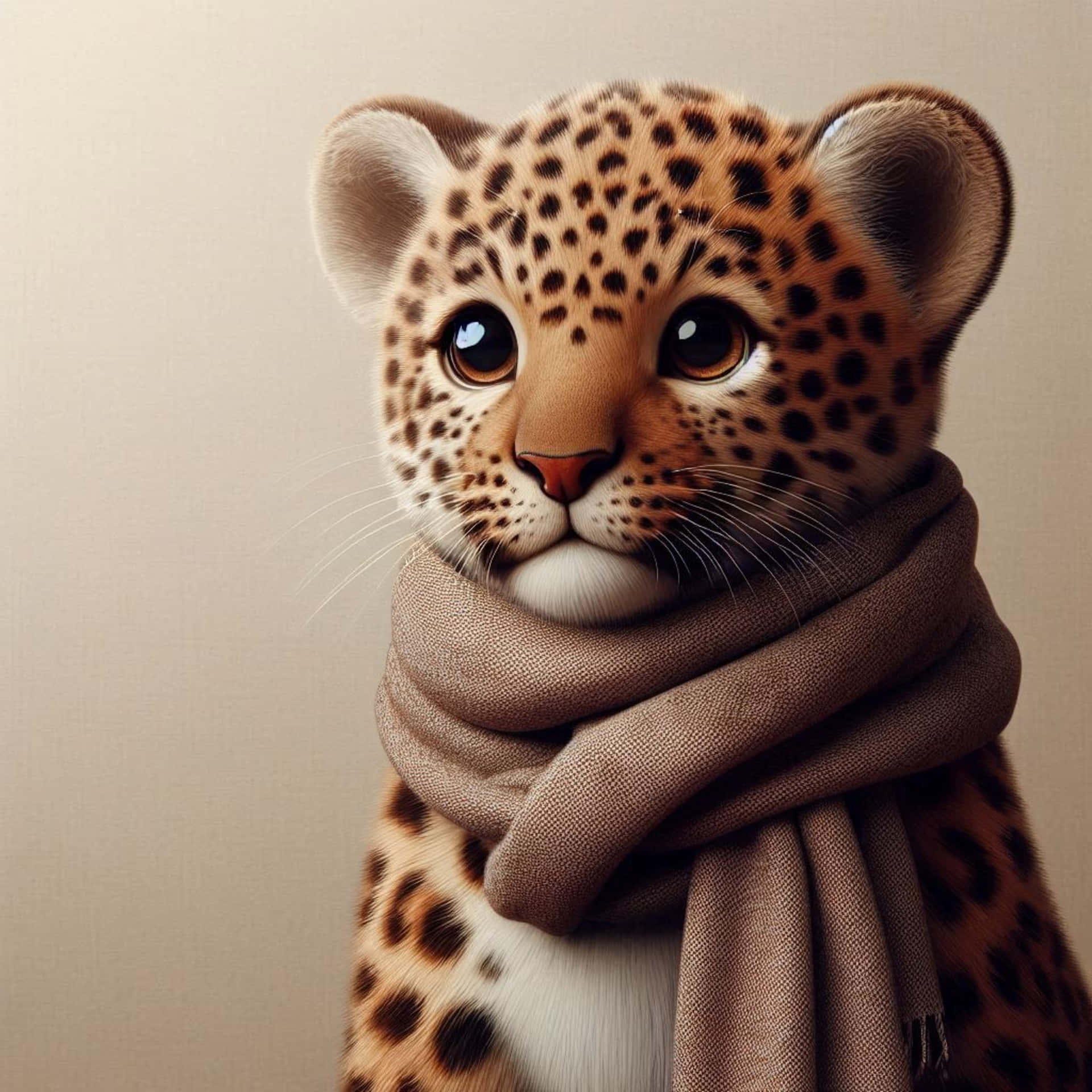 leopard on black background 壁紙 — 一隻年輕豹仔戴著舒適的棕色圍巾，背景為中性米色的特寫。