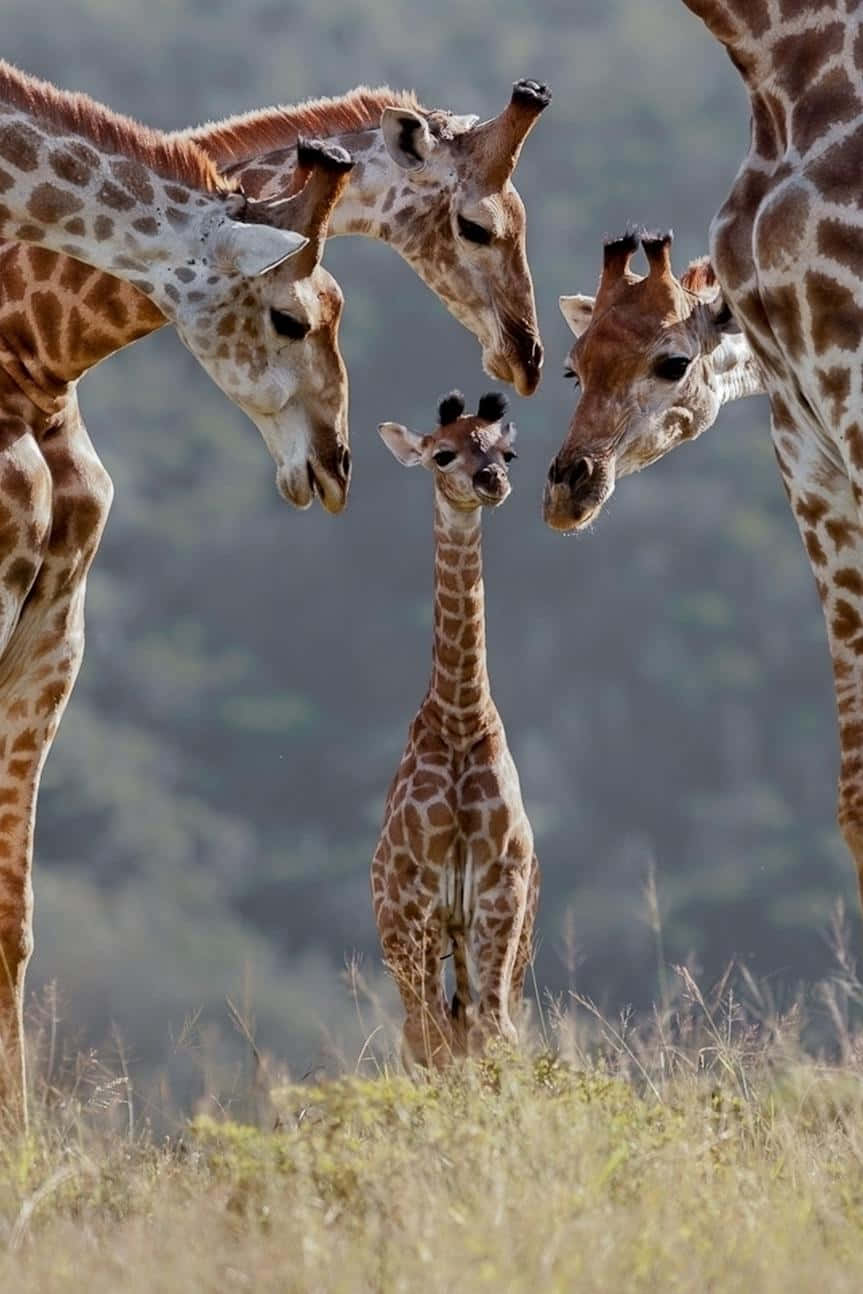 Baby Giraffe 桌布 壁紙 — 一隻年輕長頸鹿在陽光照耀的稀樹草原草地上，在模糊的綠色山丘背景下，高聳於三隻成年長頸鹿之間。