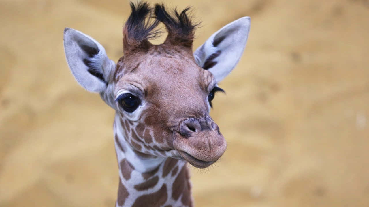 Baby Giraffe 桌布 壁紙 — 一隻年輕長頸鹿的特寫，有著一雙充滿好奇的大眼睛和柔軟斑點頸部，背景是溫暖的沙色。