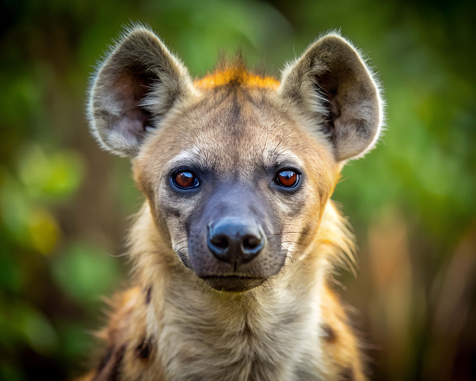 Hyena in close-up 壁紙 — 一隻年輕鬣狗的大特寫，有著大耳朵和強烈的棕色眼睛，在模糊的綠色背景下直視鏡頭。