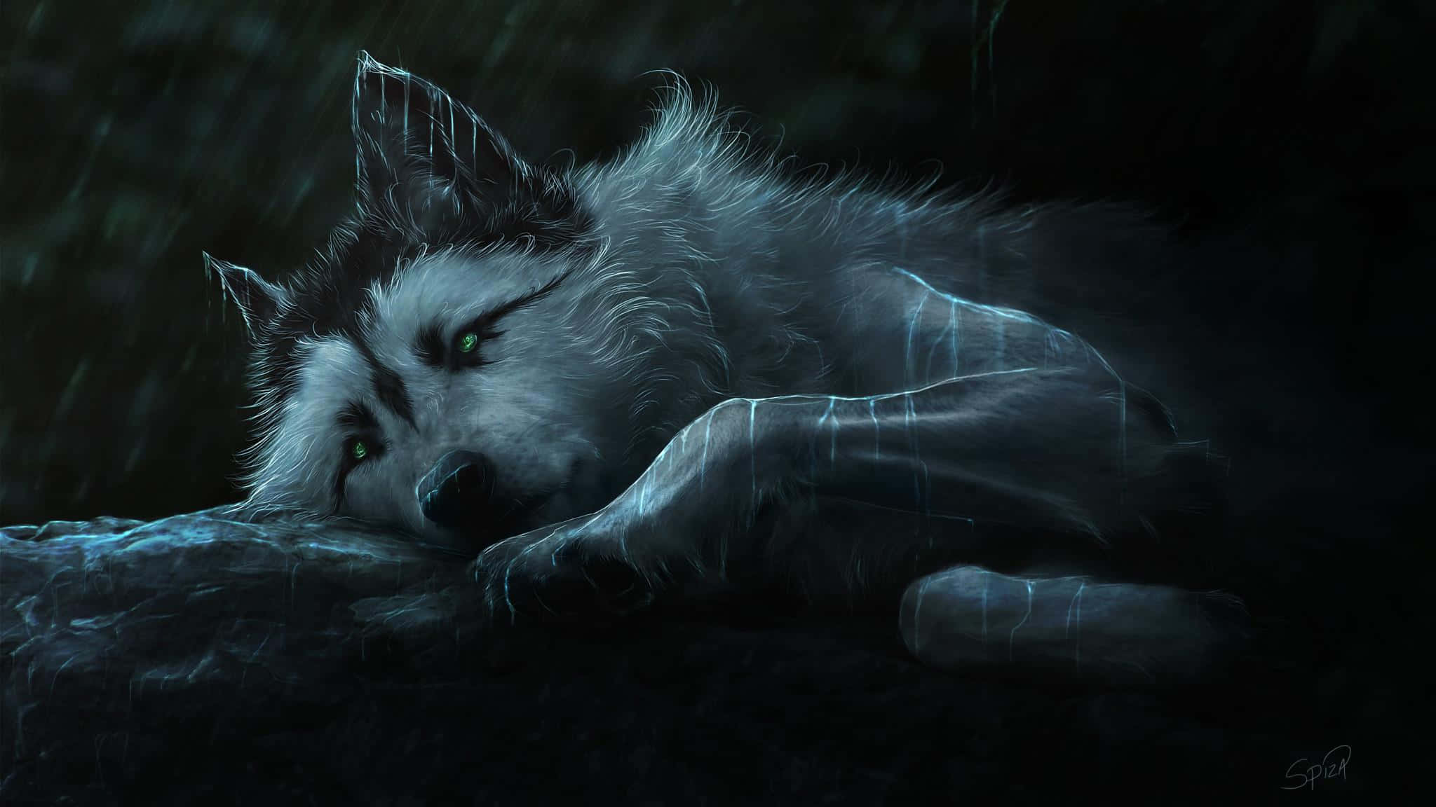 grief 桌布 壁紙 — 一隻幽靈般的白狼，擁有發光的綠色眼睛，在黑暗多雨的天空下莊嚴地棲息在岩石上。
