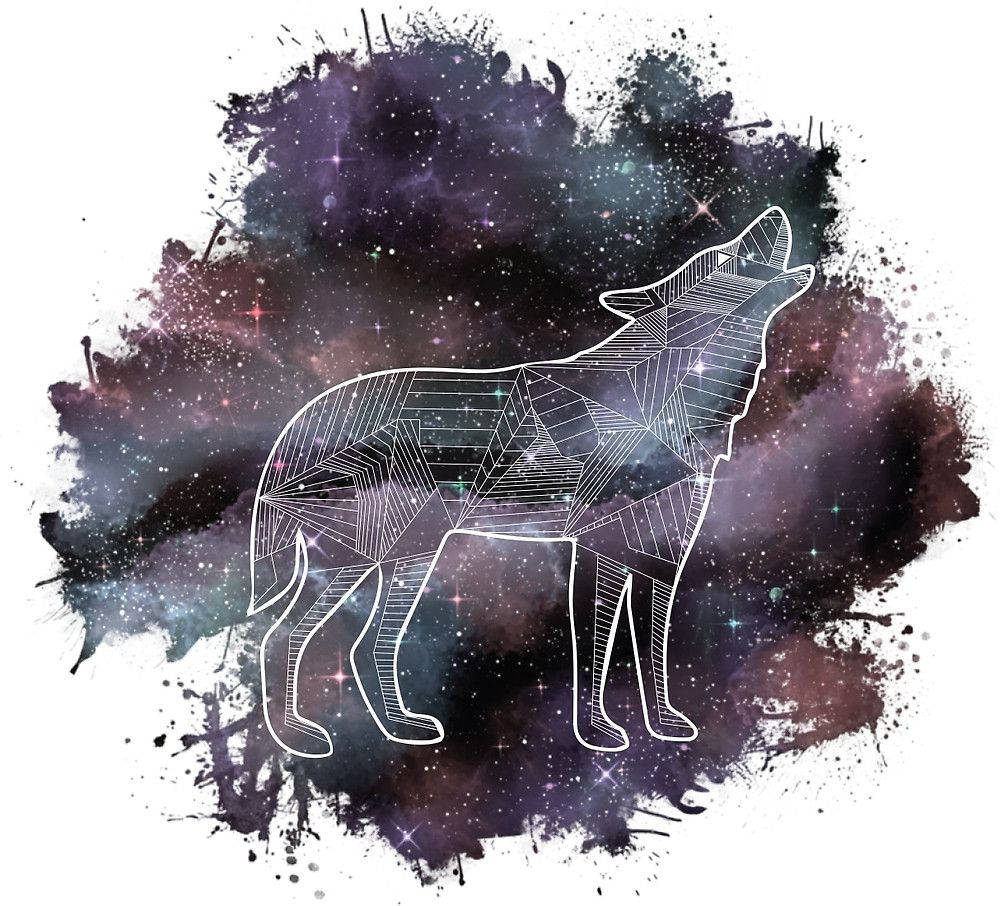 美學 桌布 壁紙 — 一隻幾何白色狼在宇宙星雲背景下嚎叫，背景有紫色和藍綠色星星。