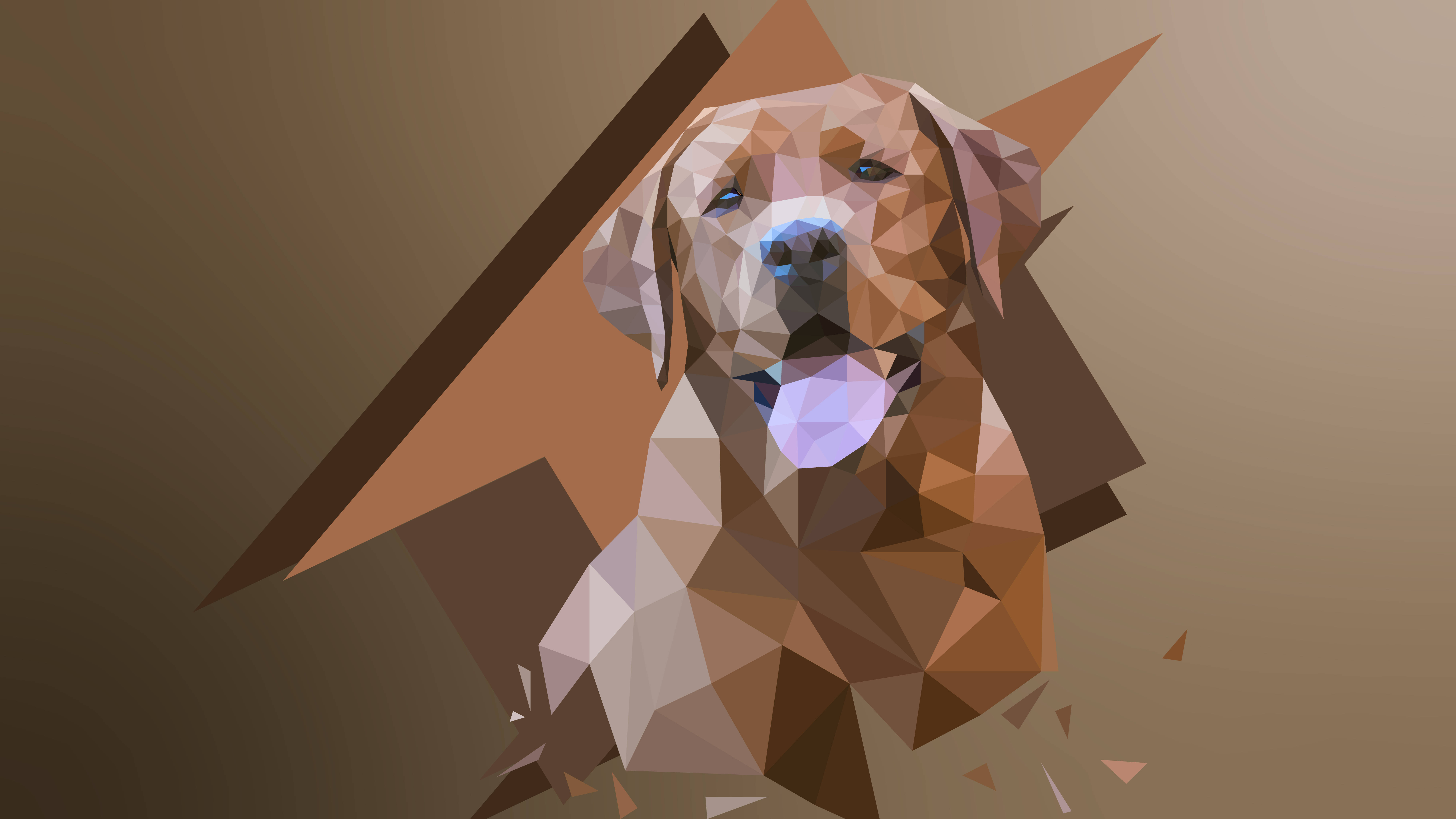Dog Art 桌布 壁紙 — 一隻幾何風格化的黃金獵犬，帶著喜悅的表情和藍色眼睛，背景是溫暖的棕色。