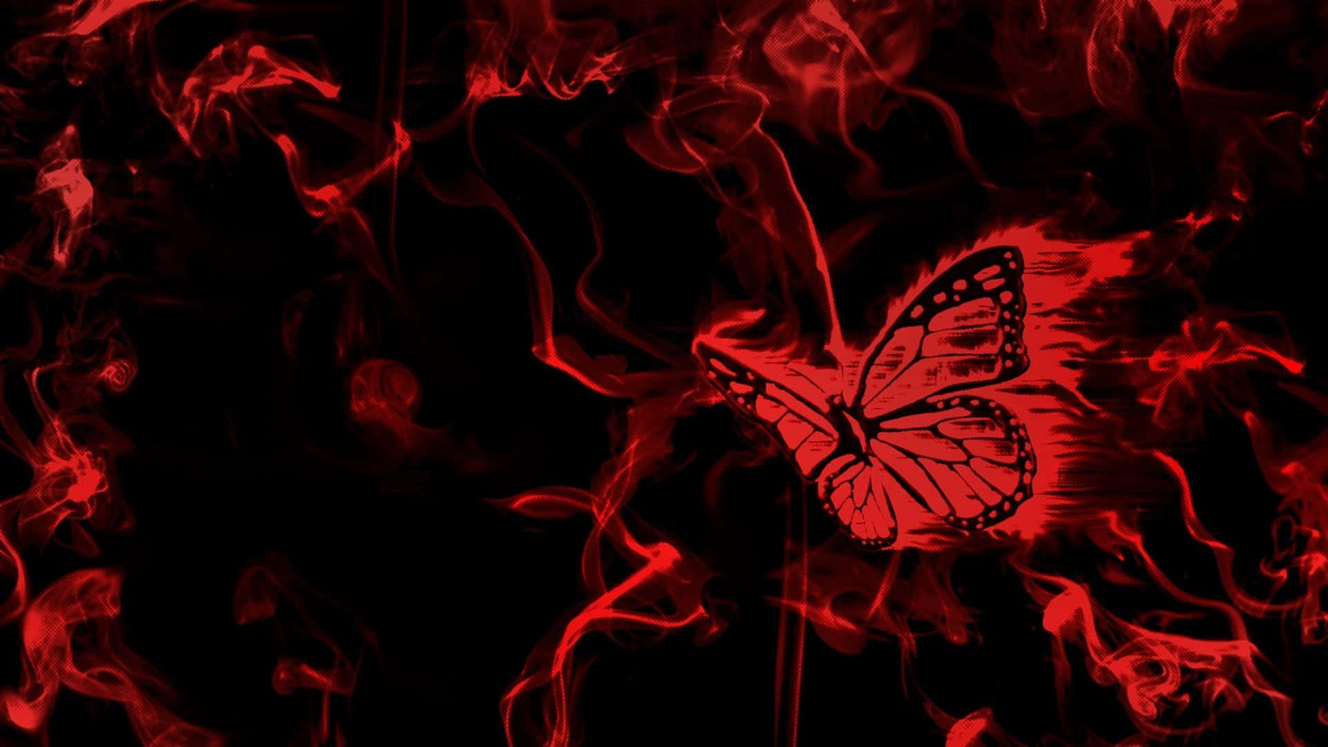 Dark Butterfly 桌布 壁紙 — 一隻引人注目的紅色蝴蝶剪影從旋轉的深紅色煙霧中浮現，背景是漆黑的黑色。