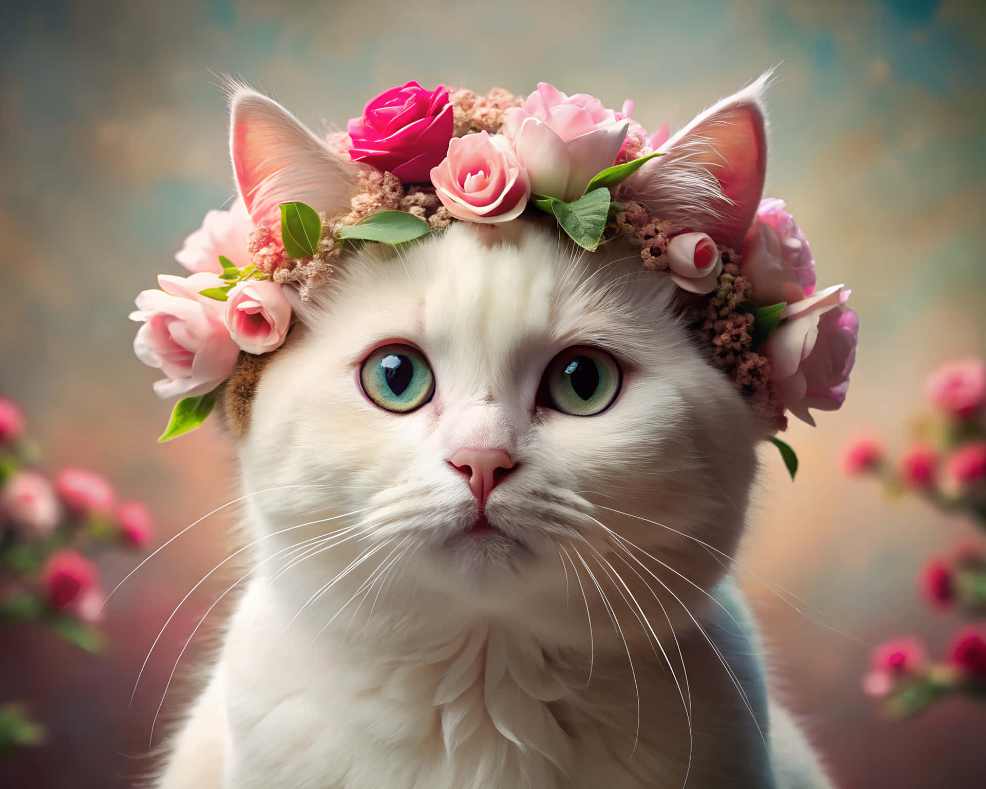 Cat with a flower crown 壁紙 — 一隻引人注目的綠眼白貓戴著粉紅玫瑰和綠葉製成的皇冠，背景是柔和模糊的花卉。