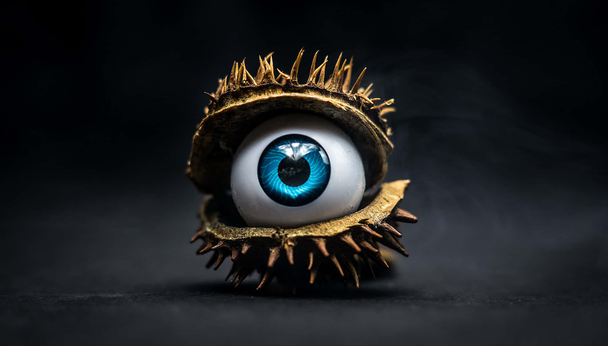 Eyes 桌布 壁紙 — 一隻引人注目的藍色人眼從帶刺的金色栗子殼中顯現，背景是黑暗煙霧繚繞。