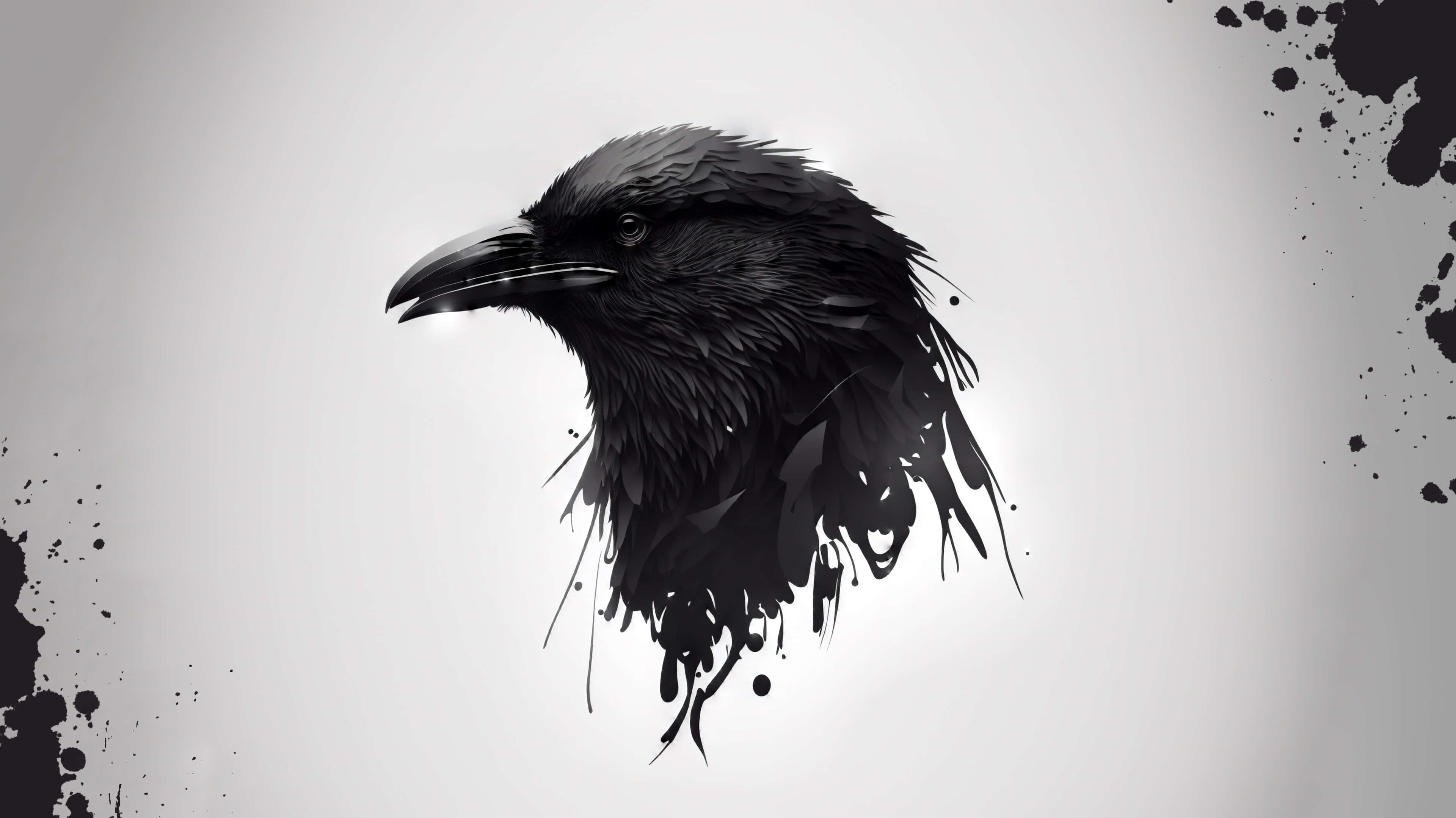Raven 桌布 壁紙 — 一隻引人注目的黑色烏鴉頭部，以墨水飛濺風格呈現在極簡灰色背景上。