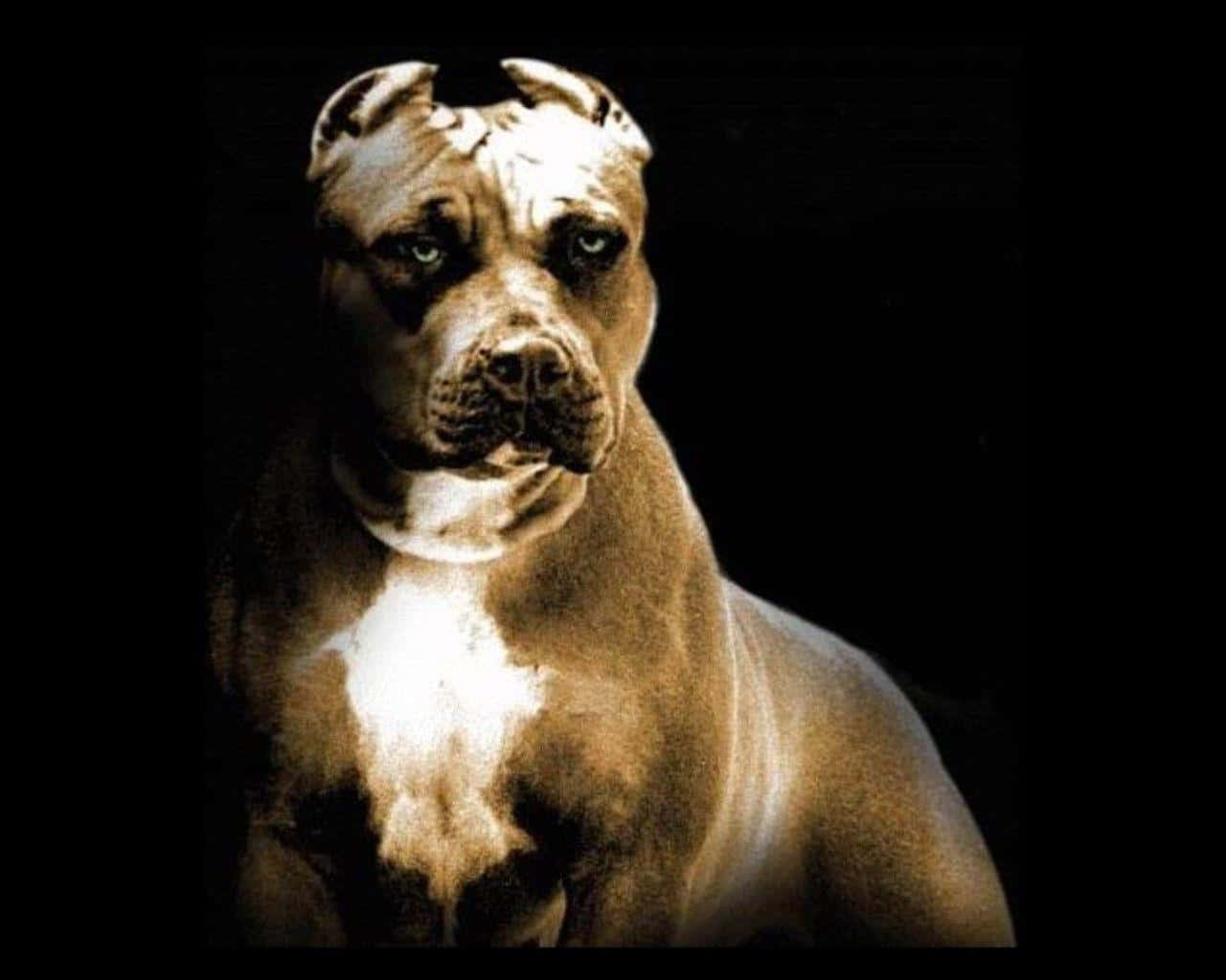 動物 桌布 壁紙 — 一隻強壯的比特犬，擁有強烈的綠色眼睛，在純黑色背景前向前凝視，由戲劇性的燈光突出。