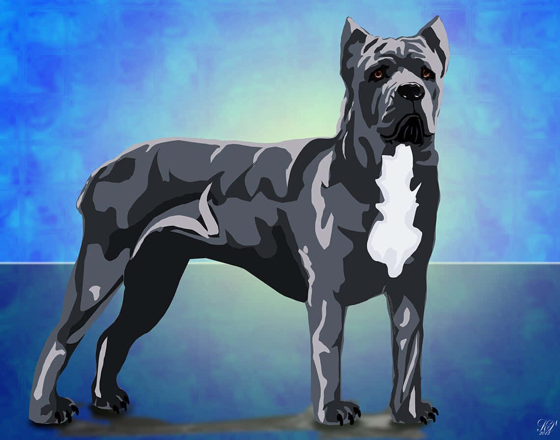 卡斯羅犬 桌布 壁紙 — 一隻強壯的灰白色卡斯羅犬在充滿活力的藍色漸層背景和風格化筆觸前保持警覺。