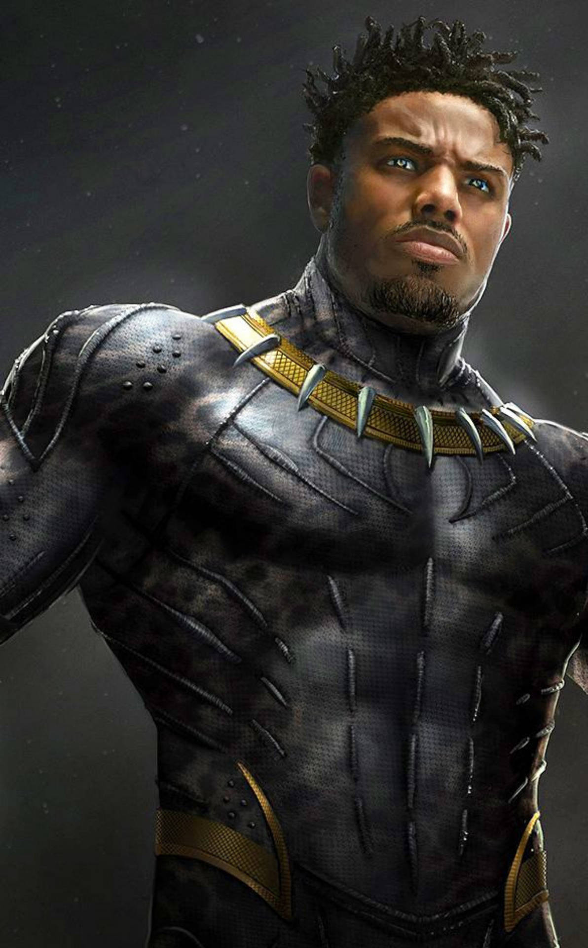 黑豹穿著精細的黑色和金色套裝，表情嚴肅。 — Michael B Jordan 壁紙