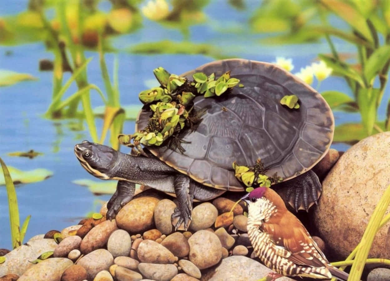 Turtle 桌布 壁紙 — 一隻彩繪龜，殼上有綠色水生植物，在河石上休息，旁邊有一隻啄木鳥，靠近睡蓮。