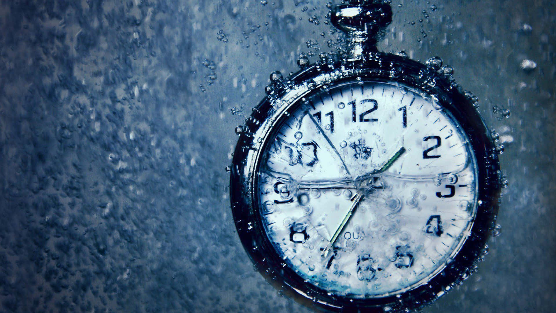 Clock 桌布 壁紙 — 一隻復古懷錶浸在冰冷的藍色水中，氣泡在其破裂的玻璃面周圍旋轉。