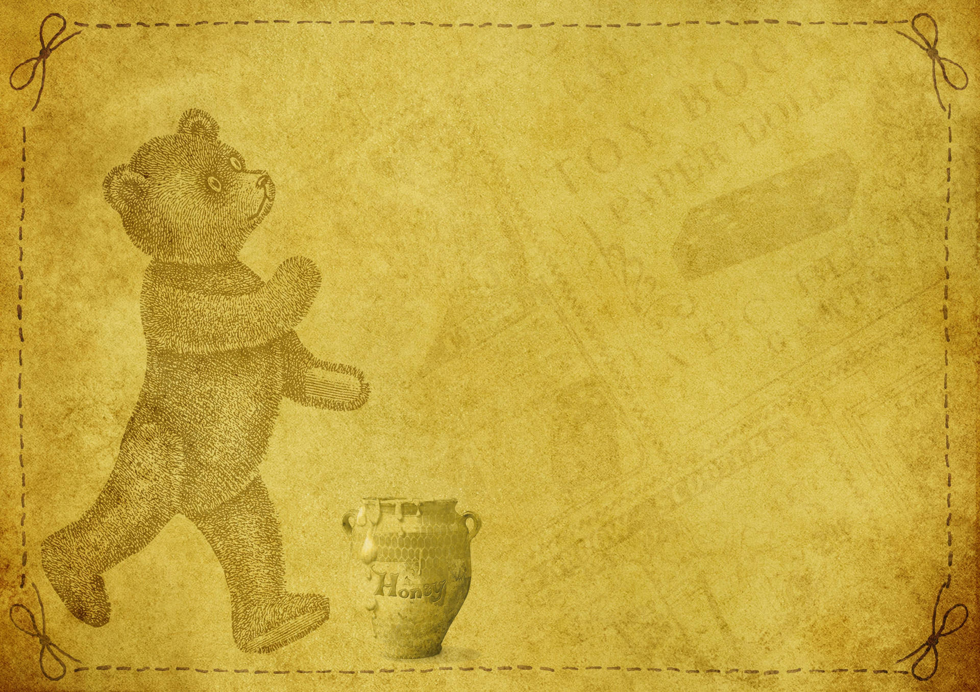 winnie the pooh 桌布 壁紙 — 一隻復古風格的泰迪熊在有縫邊和褪色文字的舊羊皮紙上，走在一個蜂蜜罐旁邊。