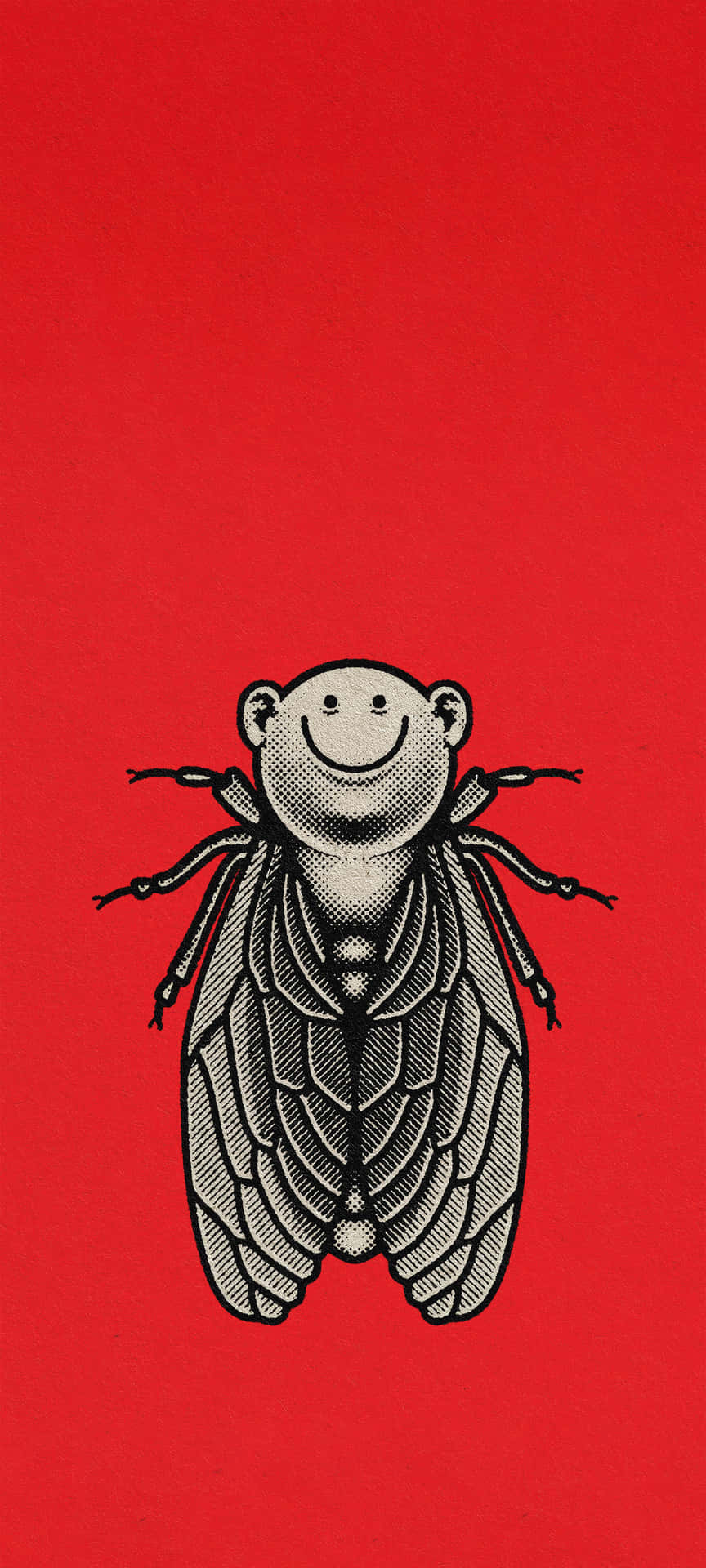 Smiley Cicada Retro Pop Art Wallpaper (Red Halftone) 壁紙 — 一隻微笑的卡通蟬，帶有詳細的翅膀，居中在純紅色背景上。