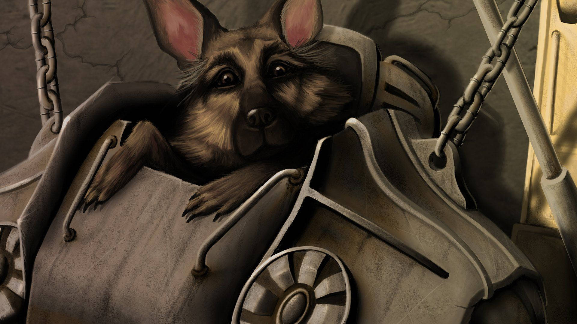 Fallout 4 桌布 壁紙 — 一隻德國牧羊犬從重型工業機械後面探出頭來，附近掛著鏈條。