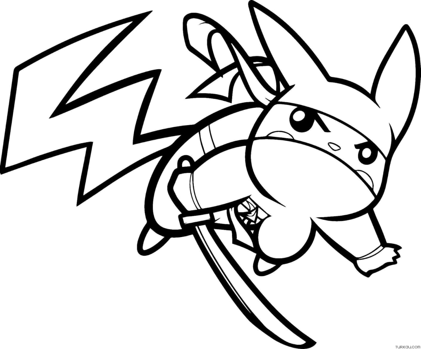 Pokemon Coloring 桌布 壁紙 — 一隻忍者主題的皮卡丘向前躍進，身後有劍和閃電，以粗黑線條勾勒。