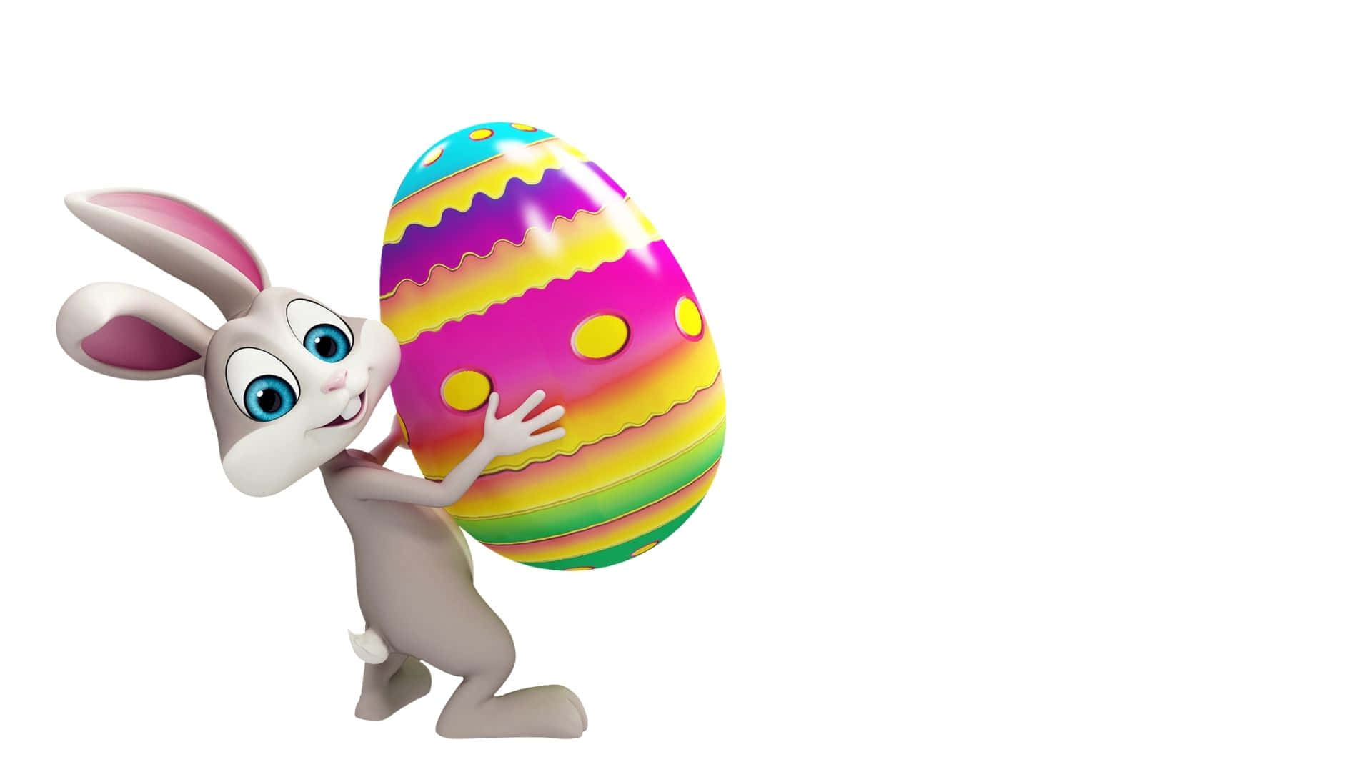Easter Bunny 桌布 壁紙 — 一隻快樂的3D渲染兔子，粉紅色內耳，在純白色背景上拿著一個巨大的彩虹條紋復活節彩蛋。