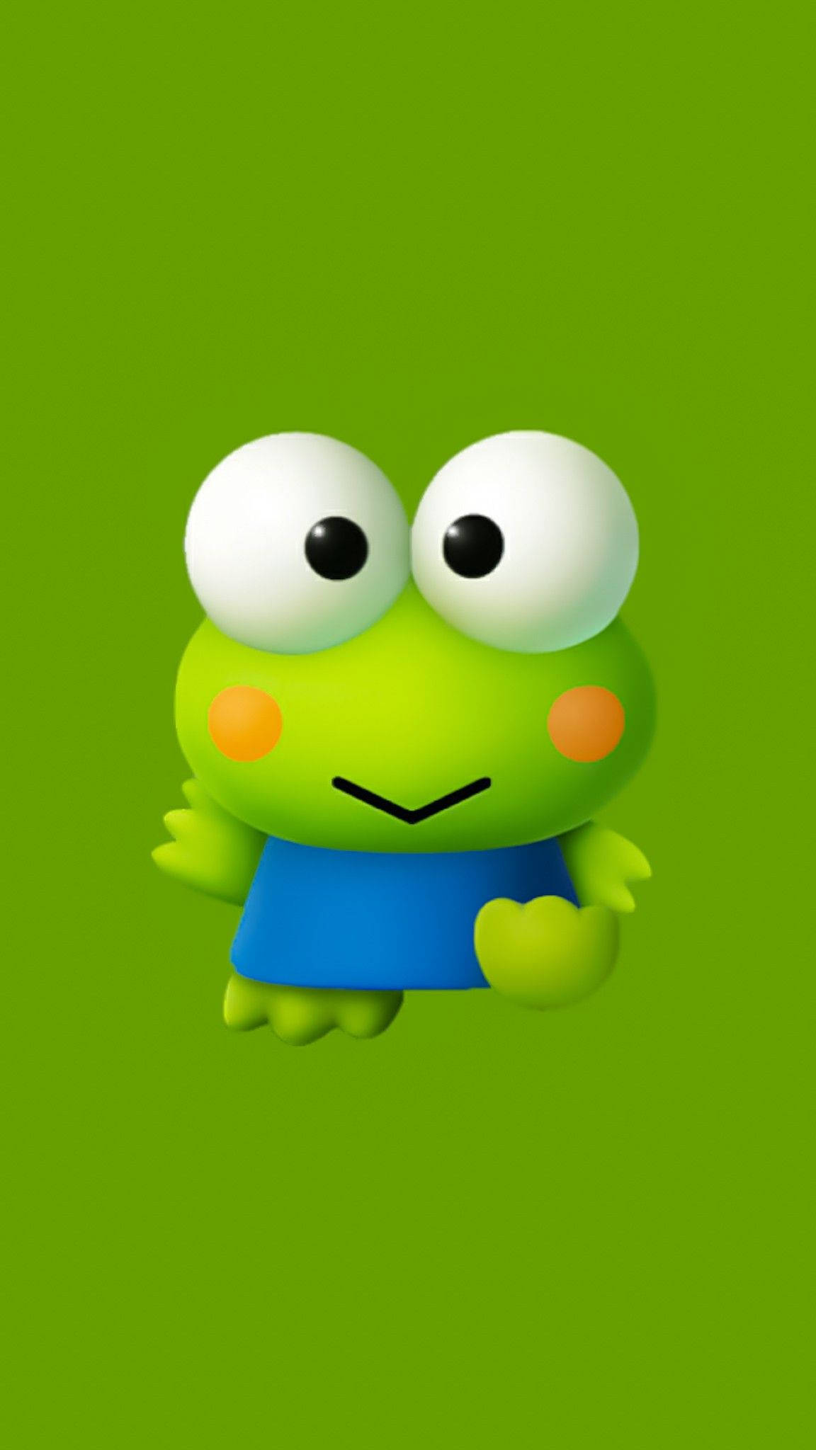 Keroppi 桌布 壁紙 — 一隻快樂的3D渲染綠色青蛙，有大大的白色眼睛和藍色襯衫，漂浮在純綠色背景上。