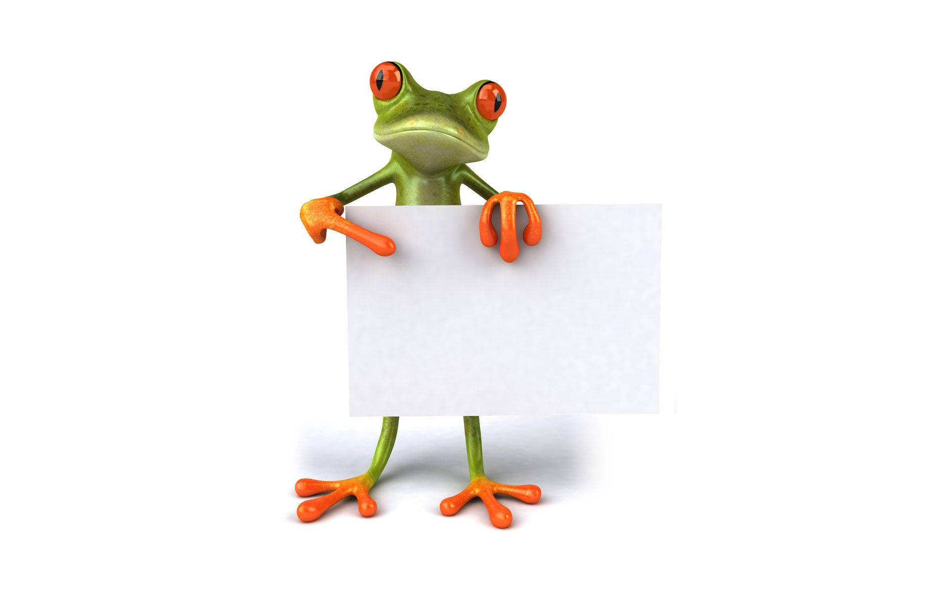 Kawaii Frog 桌布 壁紙 — 一隻快樂的3D渲染綠色青蛙，有橙色腳，在純白色背景上拿著一個空白白色標誌。