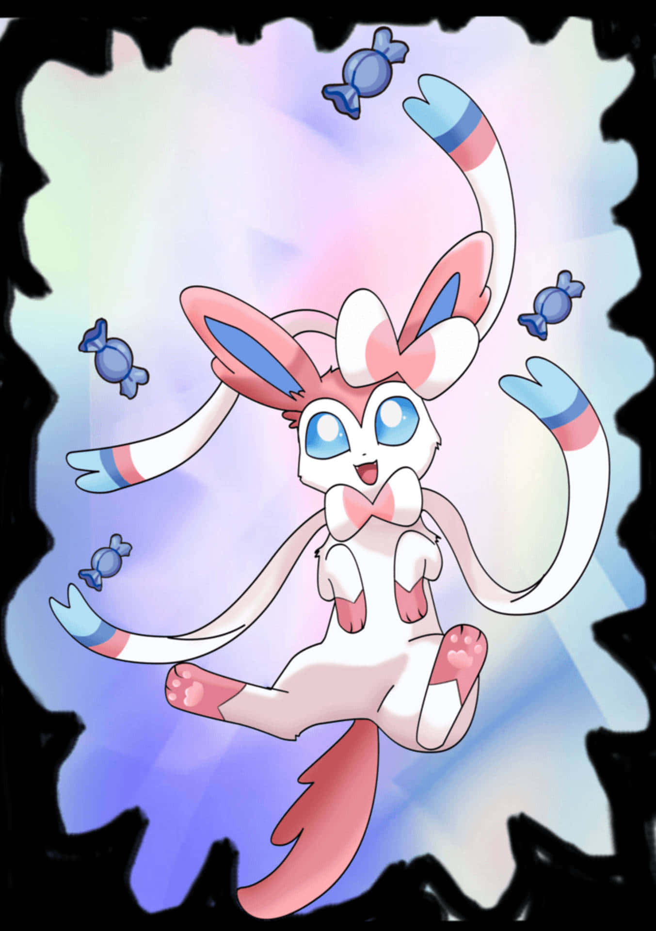 Cute Sylveon 桌布 壁紙 — 一隻快樂的Sylveon在漂浮的藍色糖果中跳躍，背景是柔和的粉彩漸變色。