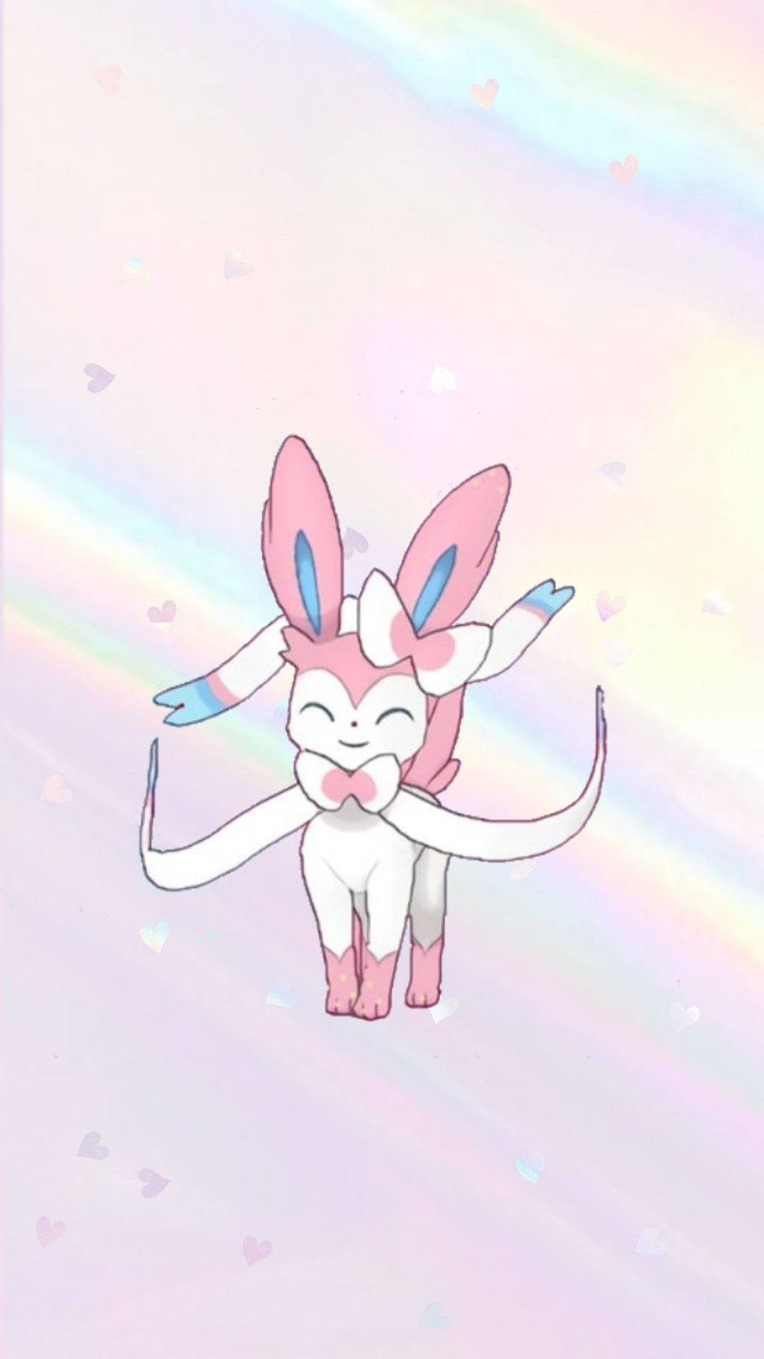 Sylveon 桌布 壁紙 — 一隻快樂的仙子伊布，粉紅色耳朵和蝴蝶結，在粉彩彩虹和心形背景上快樂地漂浮。
