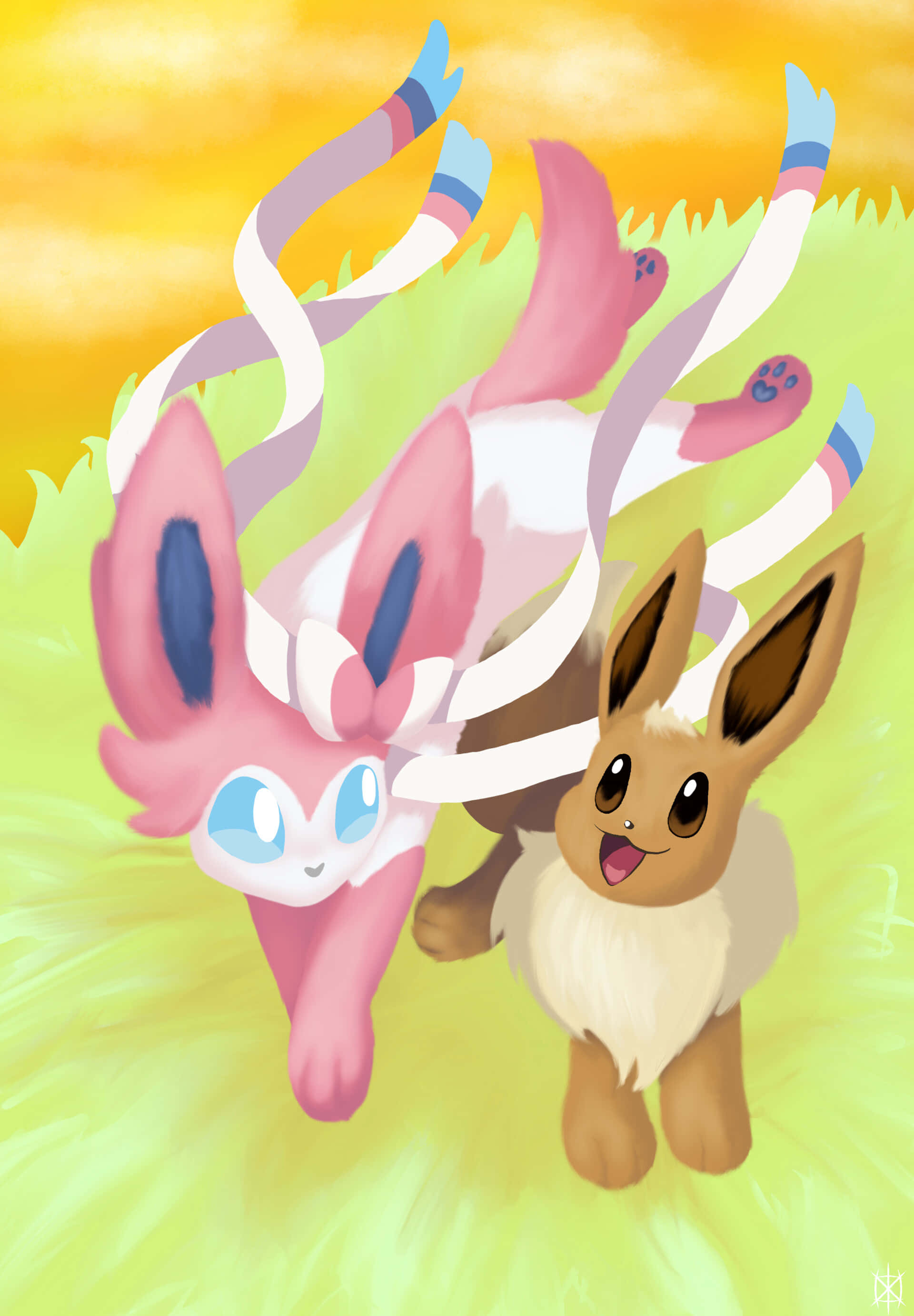 Cute Sylveon 桌布 壁紙 — 一隻快樂的伊布及其進化形態仙子伊布在金黃色日落天空下，跳過充滿活力的草地。