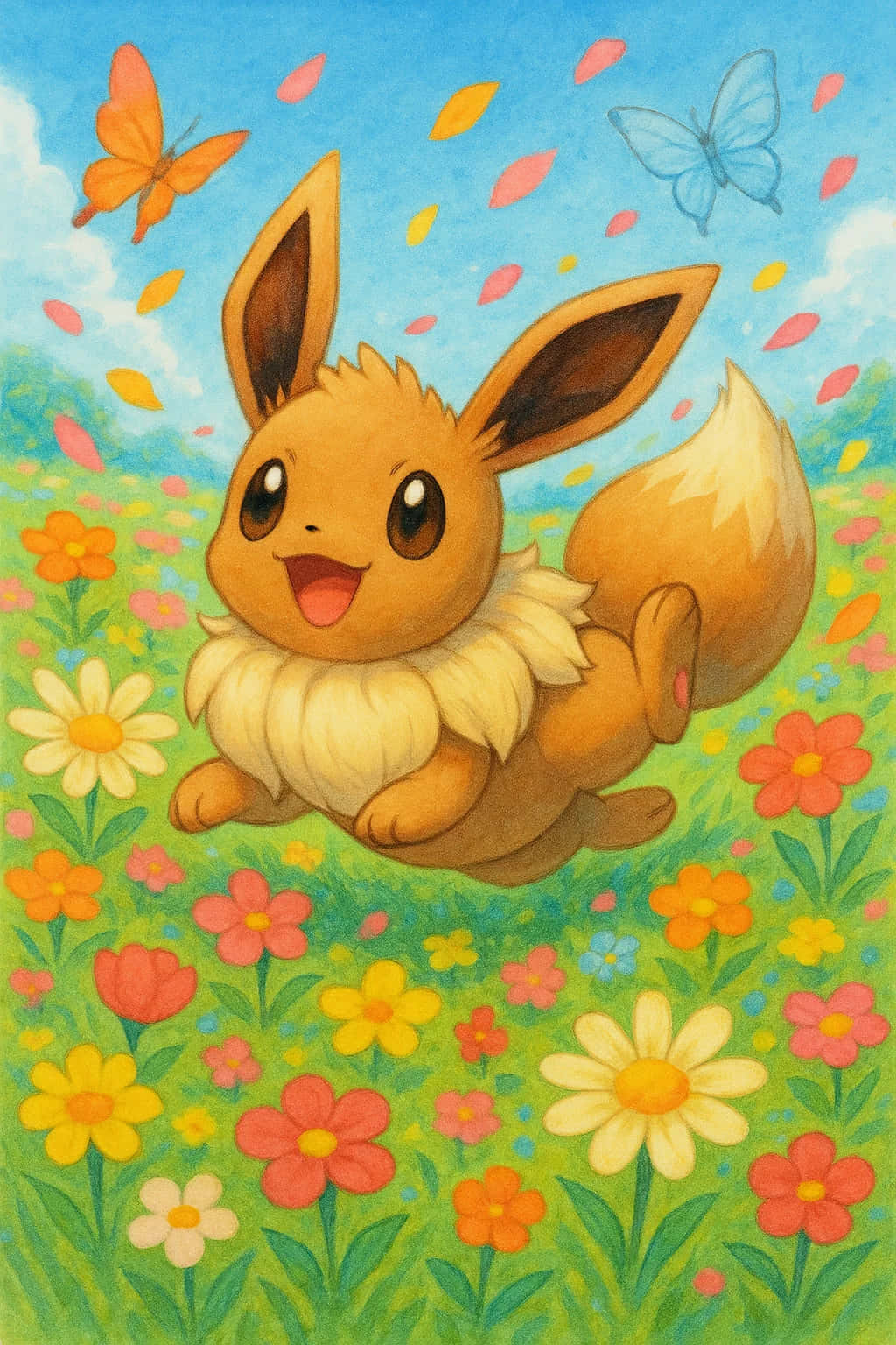 Eevee Wallpaper Pokemon 4K WEBP HD Download 壁紙 — 一隻快樂的伊布在色彩繽紛的花田中歡快地跳躍，蝴蝶翩翩飛舞，花瓣飄落。
