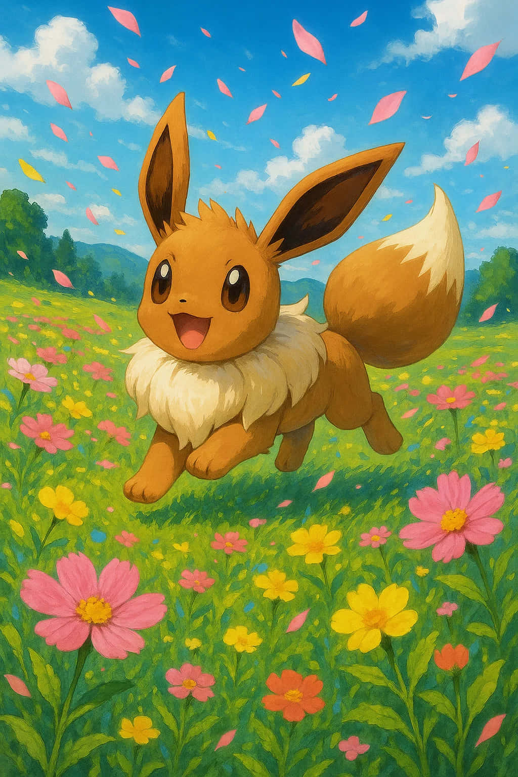 Eevee Wallpaper Pokemon 4K WEBP HD Download 壁紙 — 一隻快樂的伊布在藍天下跳過充滿粉紅色和黃色花朵的草地，花瓣飄落。