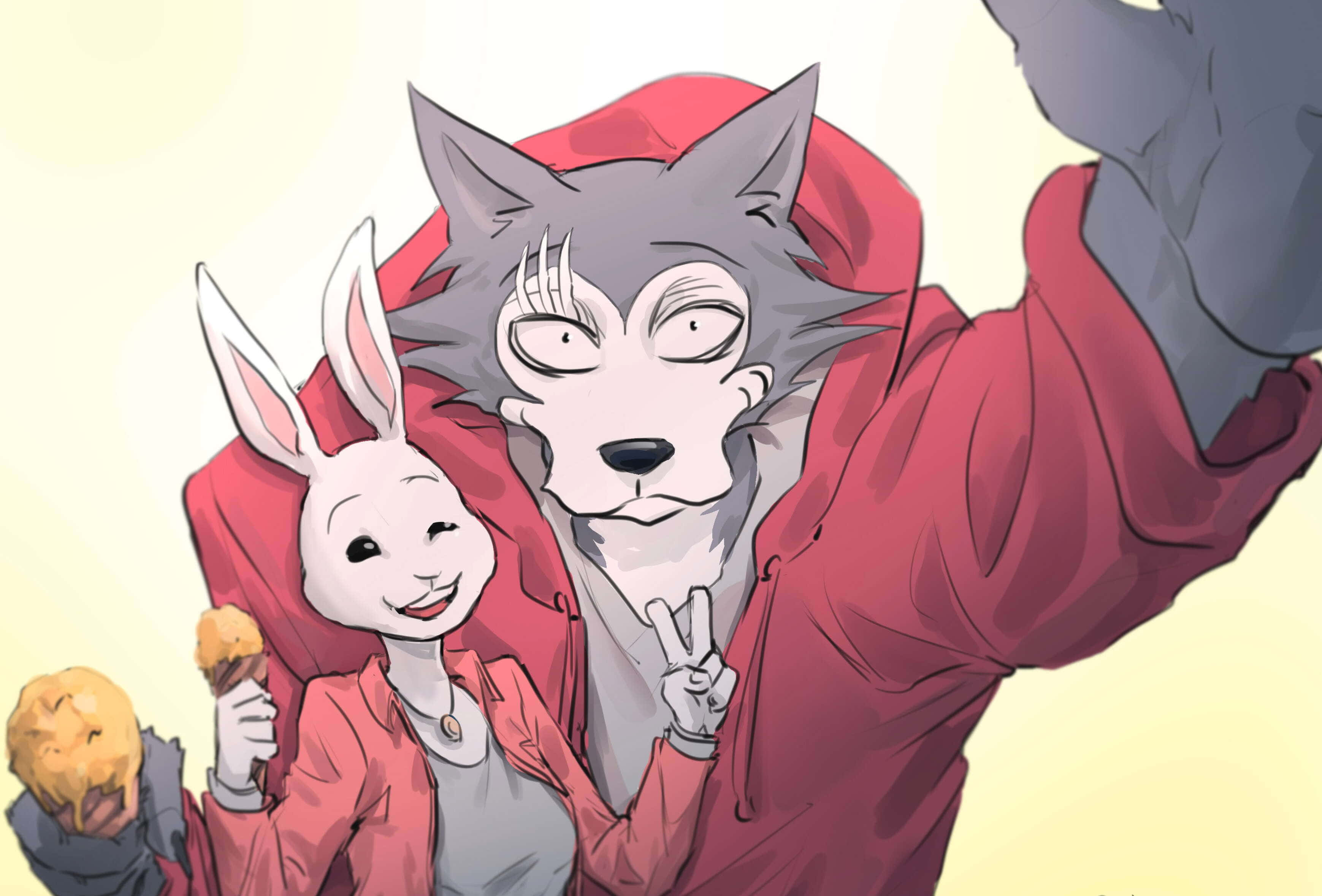 獸星 桌布 壁紙 — 一隻快樂的動漫狼和兔子穿著紅色連帽衫，在柔和的黃色背景前拿著冰淇淋和餅乾自拍。