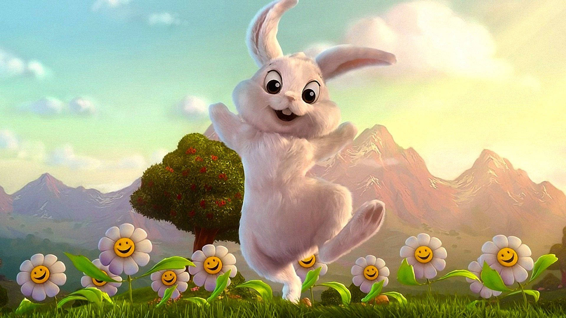 復活節 桌布 壁紙 — 一隻快樂的動畫兔子在陽光明媚的草地上歡快地跳舞，周圍有微笑的雛菊和遠山。