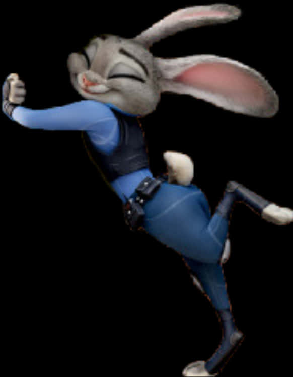 Disney Character 桌布 壁紙 — 一隻快樂的動畫兔子警察穿著藍色制服，在黑色背景前帶著勝利的笑容躍起。