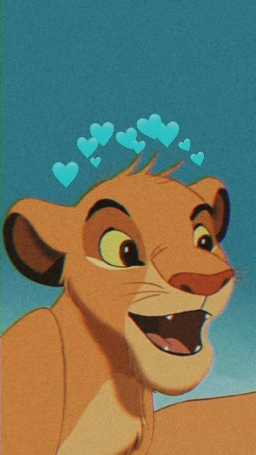 Lion King 桌布 壁紙 — 一隻快樂的動畫小獅子，頭頂上有愛心漂浮在青綠色背景上。