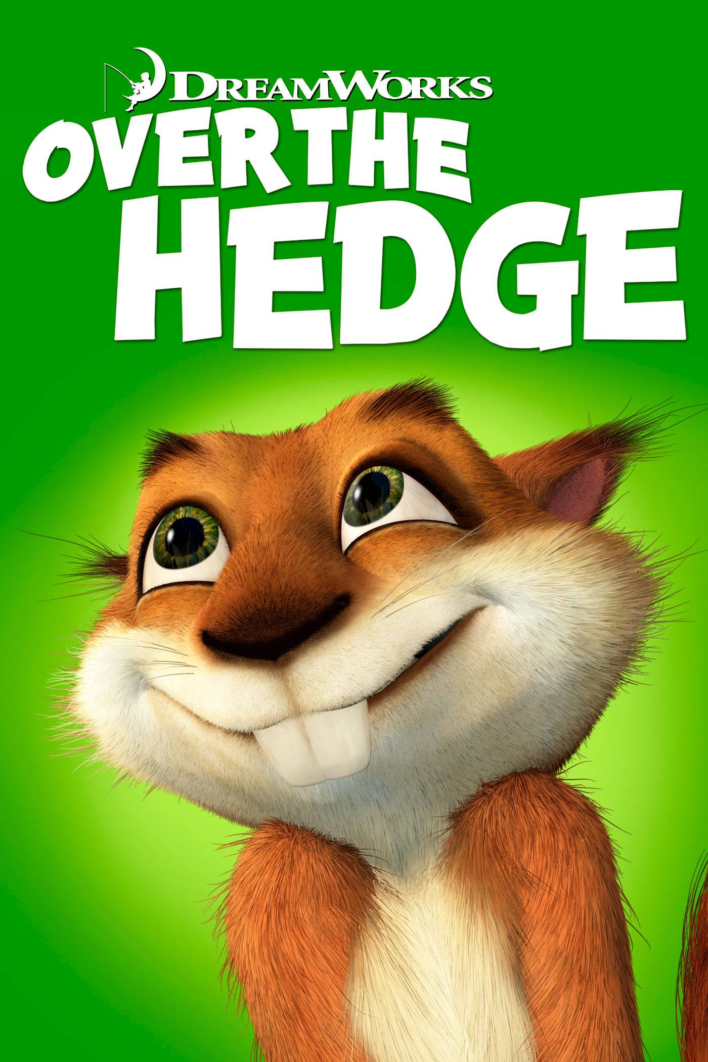 Over The Hedge 桌布 壁紙 — 一隻快樂的動畫松鼠，有著大大的綠色眼睛和露齒的笑容，在明亮的綠色背景前微笑。