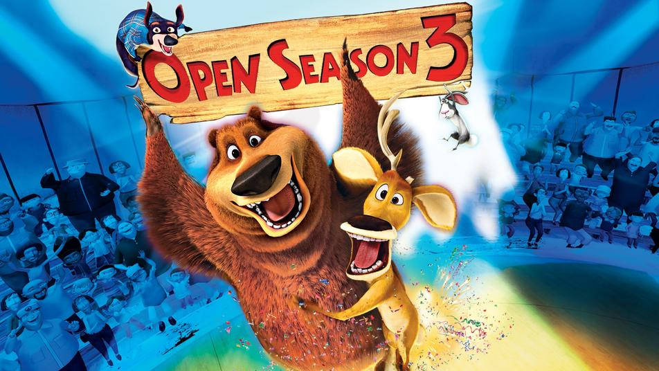 熊 桌布 壁紙 — 一隻快樂的動畫熊和鹿在 'Open Season 3' 標誌下用五彩紙屑慶祝，下方的人群在觀看。