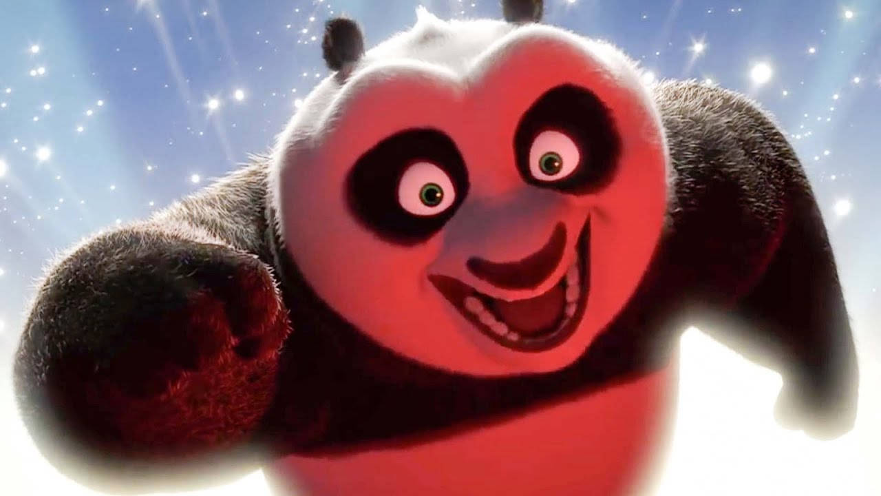熊貓 桌布 壁紙 — 一隻快樂的動畫熊貓，睜大眼睛，咧嘴大笑，站在閃爍的星空藍天下。