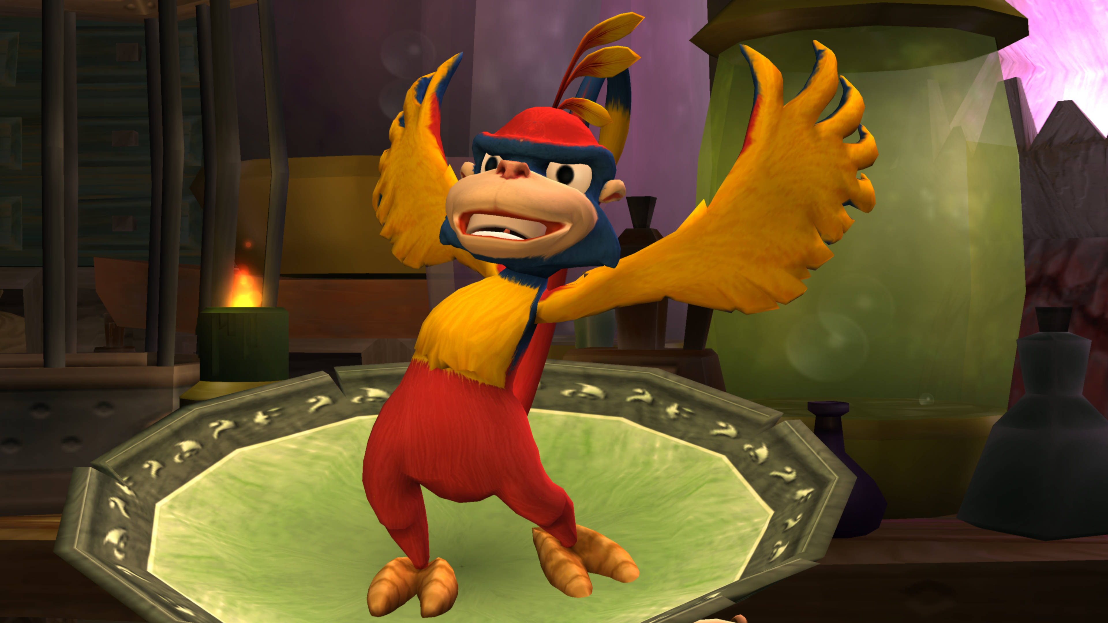 Jak 3 桌布 壁紙 — 一隻快樂的動畫猴子，黃色翅膀和紅色服裝，在昏暗房間的綠色八角形平台上歡快地跳舞。