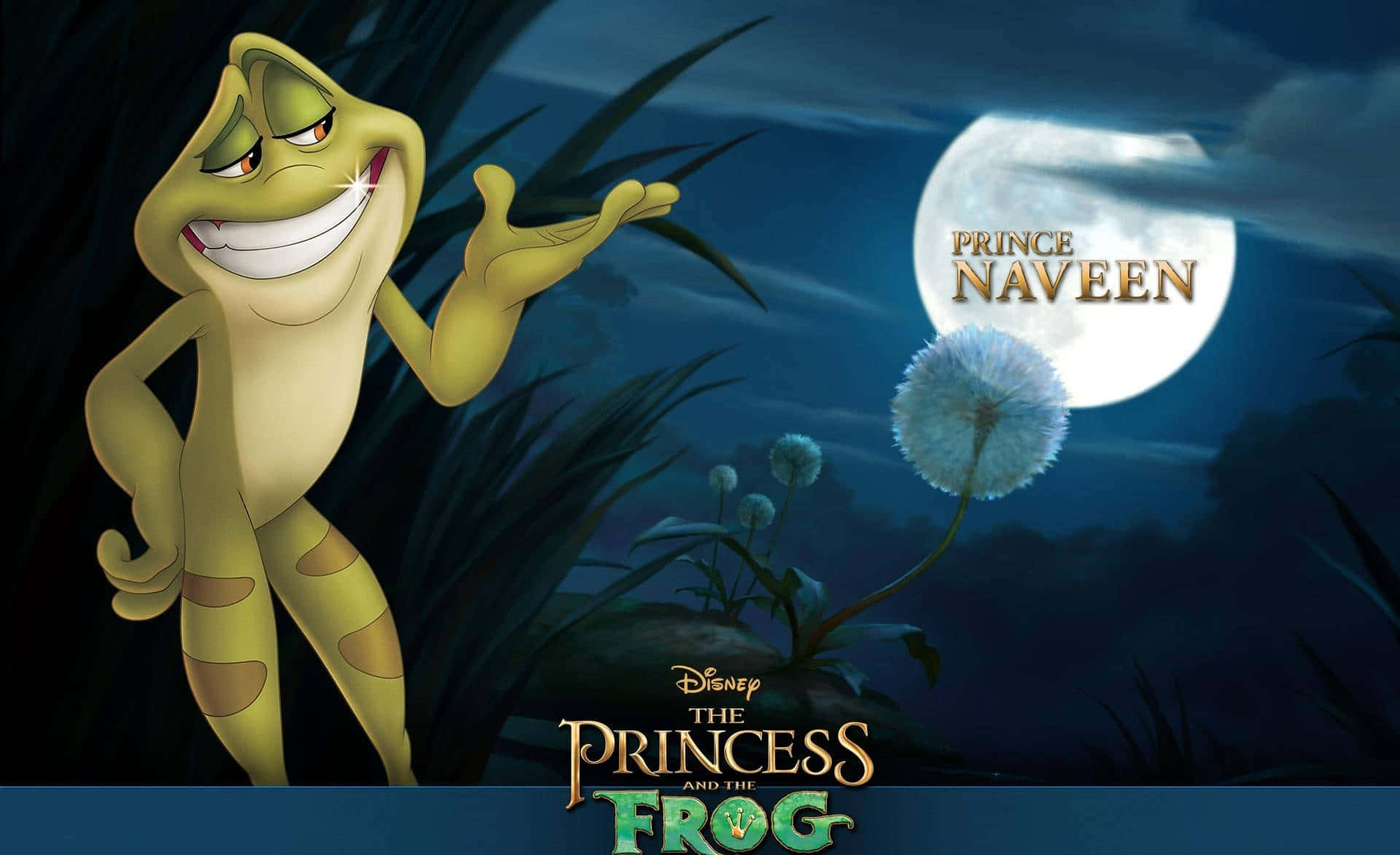 princess and the frog 桌布 壁紙 — 一隻快樂的動畫青蛙站在滿月下的黑暗沼澤中，周圍有蒲公英和標題文字。