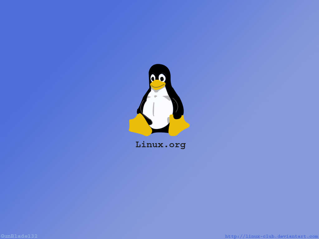 Penguin Tux 桌布 壁紙 — 一隻快樂的卡通企鵝，有黃色的腳和喙，坐在藍色漸變背景中央，下方有「Linux.org」文字。