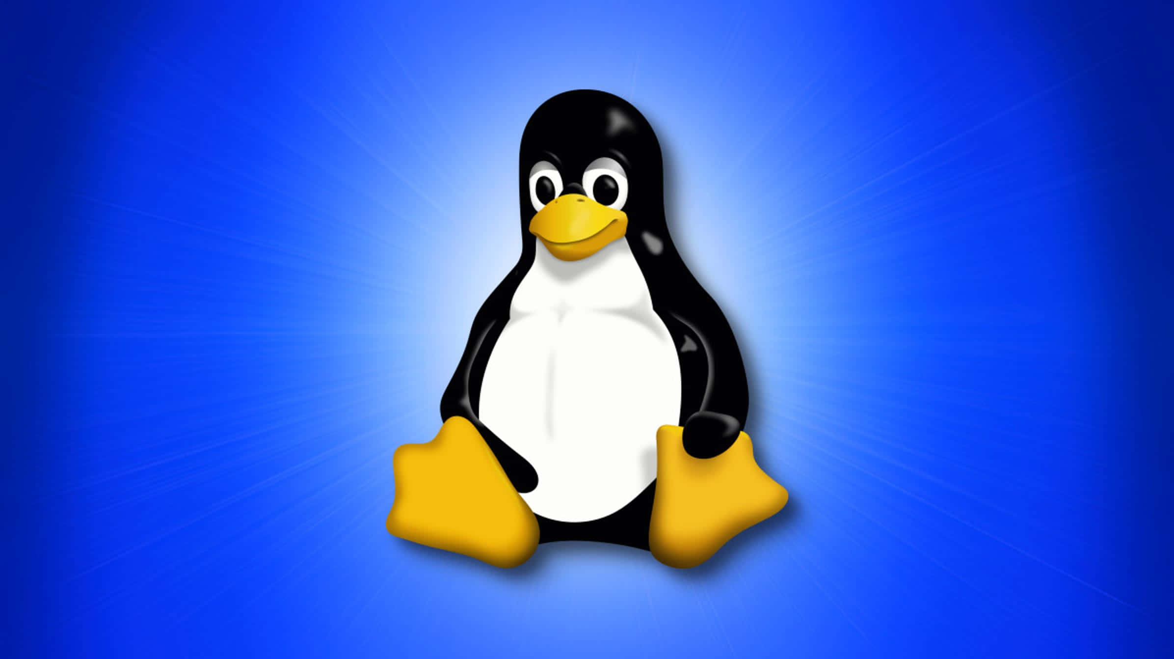 Linux 桌布 壁紙 — 一隻快樂的卡通企鵝，黃色喙和腳，坐在充滿活力的藍色徑向漸變背景中央。