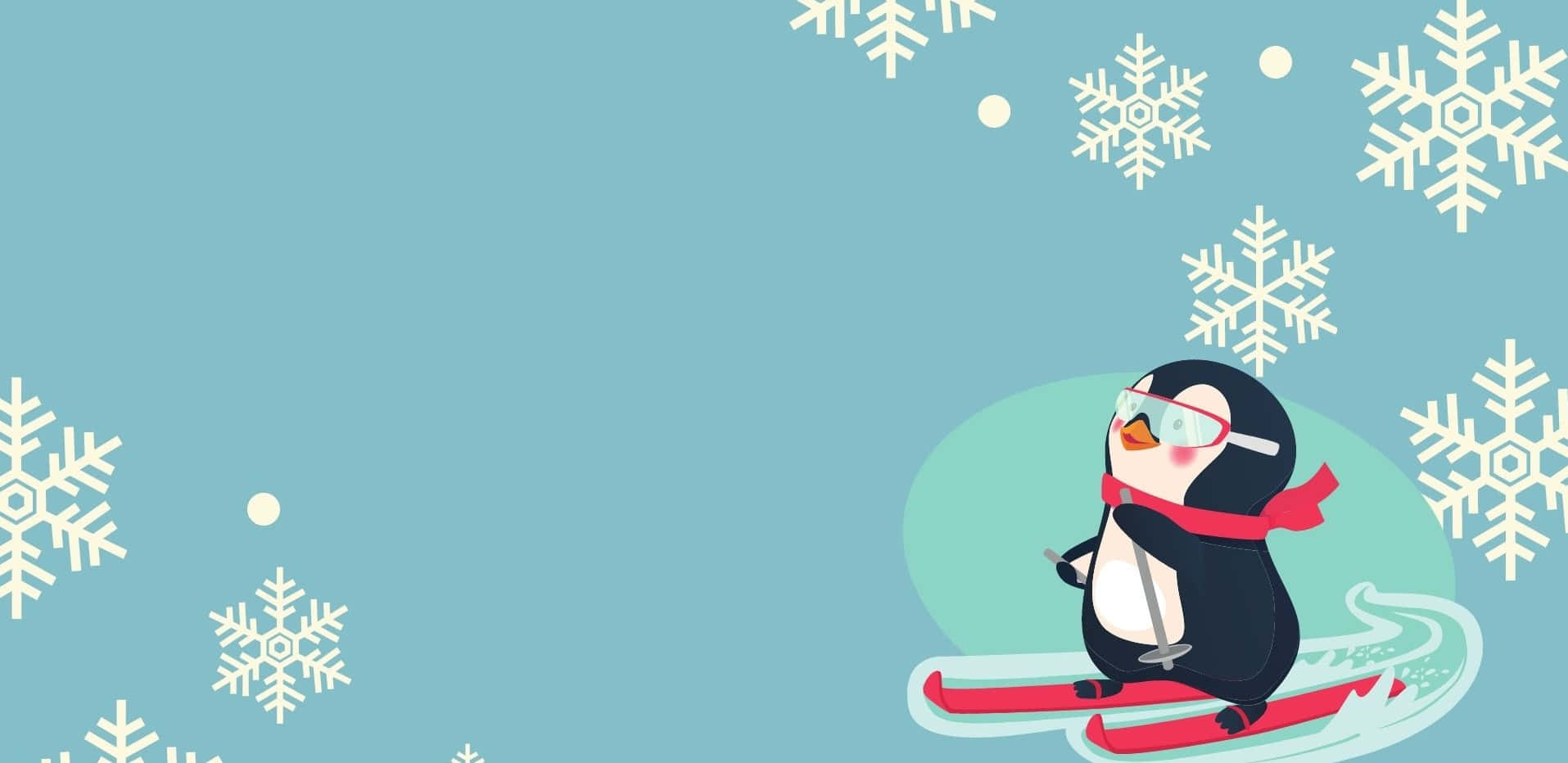 Cute Winter 桌布 壁紙 — 一隻快樂的卡通企鵝穿著紅色滑雪板和圍巾，在柔和的藍色背景下滑過飄落的雪花。