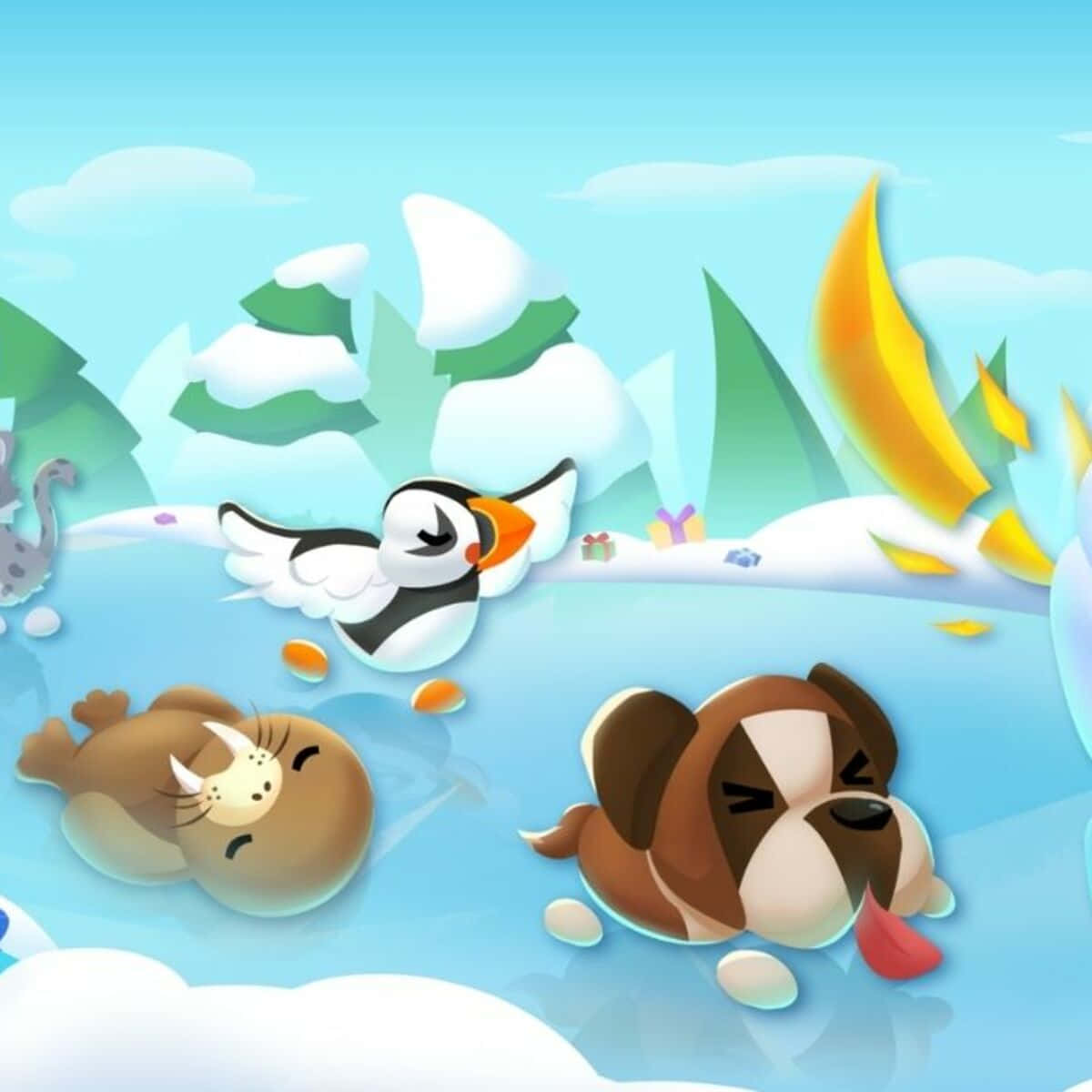 Roblox 桌布 壁紙 — 一隻快樂的卡通企鵝飛過雪覆蓋的山丘，而一隻海豹和一隻鬥牛犬在明亮的陽光下在冰冷的水中打盹。