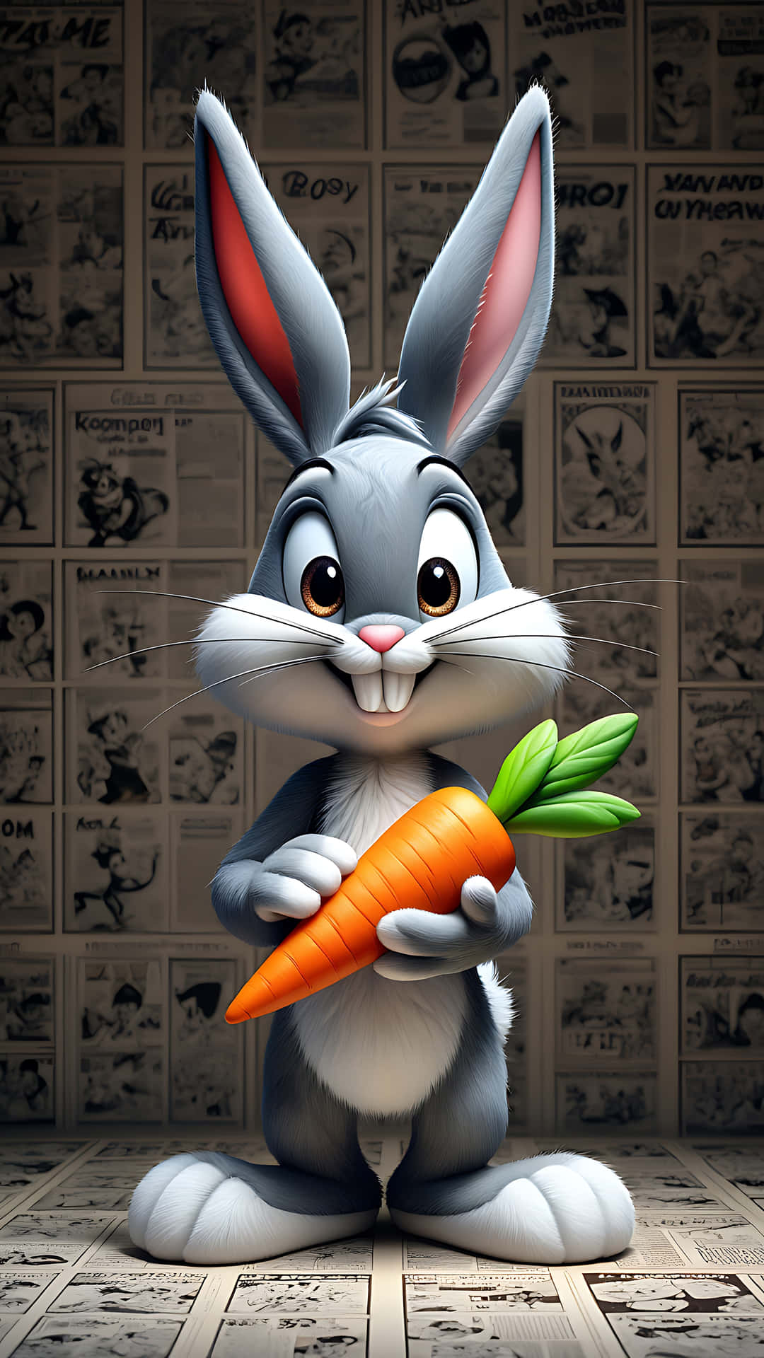 Animated cartoon rabbit holding a carrot surrounded by comic strip background 壁紙 — 一隻快樂的卡通兔，有大耳朵，在復古漫畫牆前拿著一個亮橙色的胡蘿蔔。