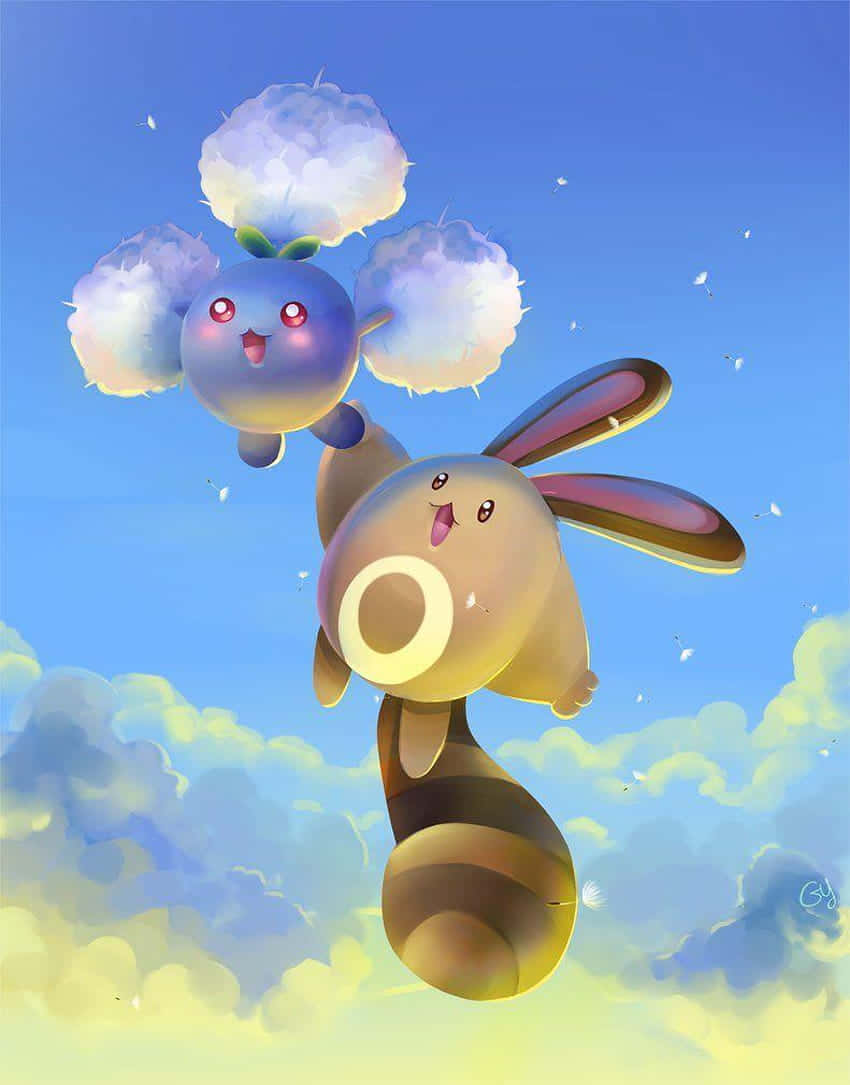Pokemon Aesthetic 桌布 壁紙 — 一隻快樂的卡通兔，有條紋尾巴和雲狀絨球，在藍天白雲中愉快地漂浮。