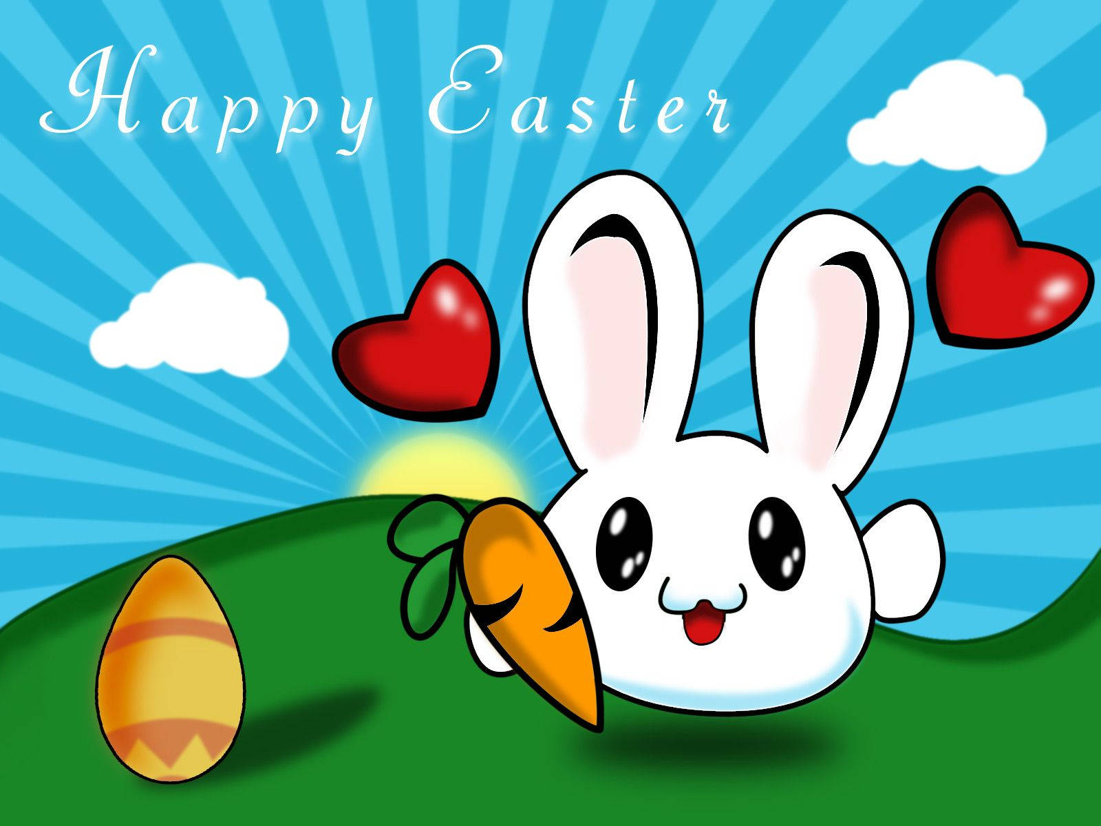 Cute Easter 桌布 壁紙 — 一隻快樂的卡通兔在藍天白雲下的綠色山丘上拿著一根胡蘿蔔，周圍有心形圖案和 'Happy Easter' 字樣。