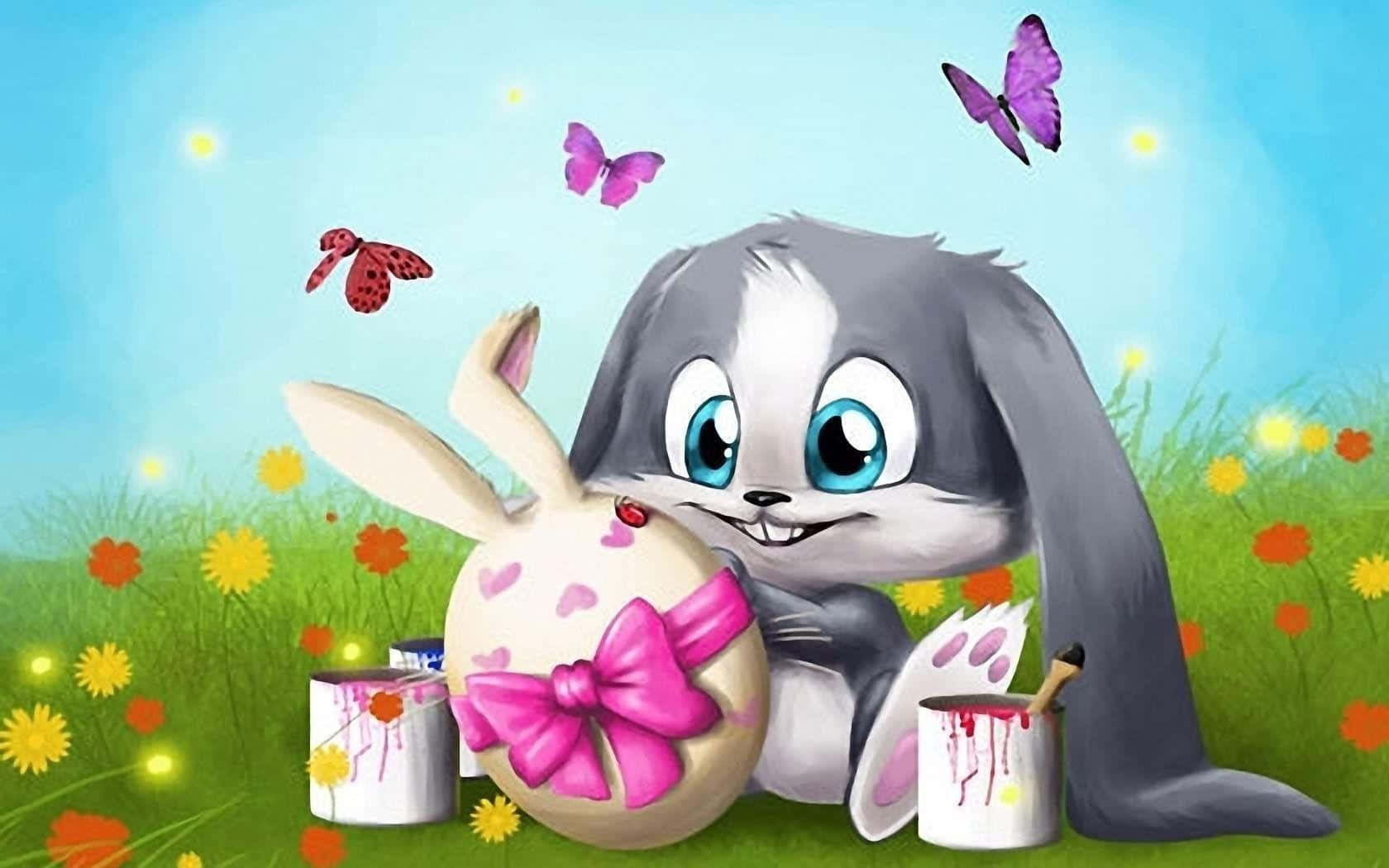 Easter 桌布 壁紙 — 一隻快樂的卡通兔在陽光明媚的草地上畫一個帶有粉紅色蝴蝶結的巨型復活蛋，周圍有蝴蝶。