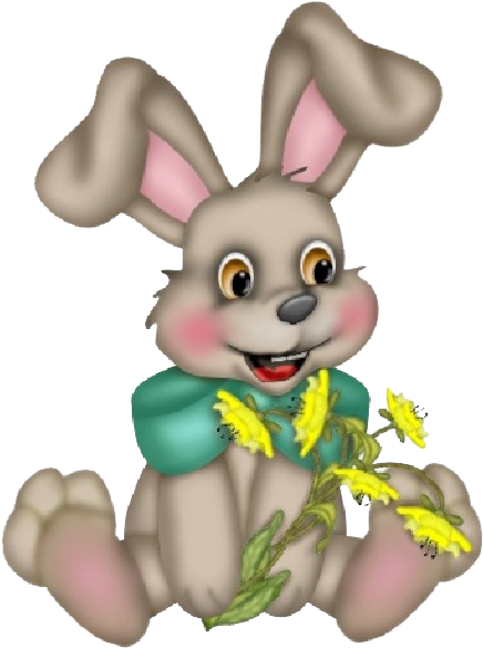 bunnies 桌布 壁紙 — 一隻快樂的卡通兔子，有粉紅色內耳和臉頰，在透明背景上拿著一枝黃色花朵。