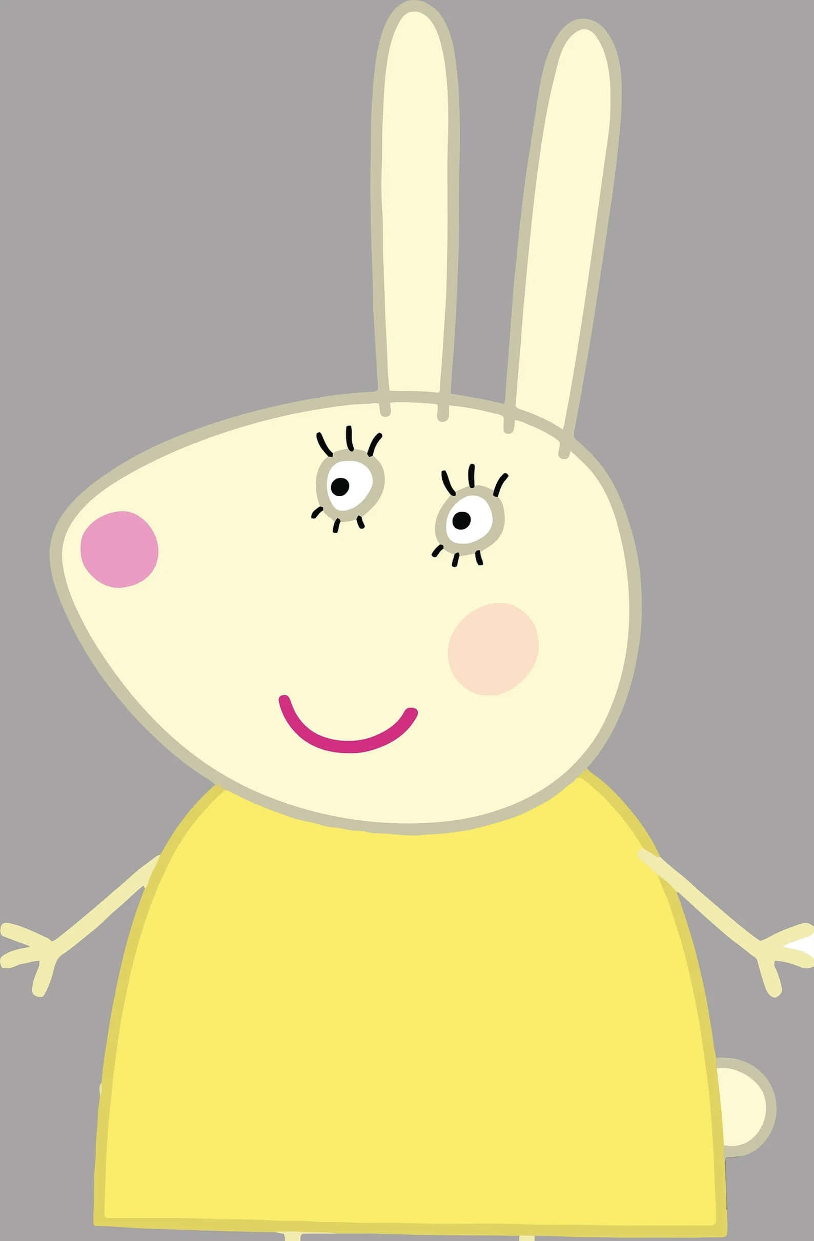 Rebecca Rabbit 桌布 壁紙 — 一隻快樂的卡通兔子，長耳朵，穿著黃色連衣裙，在純灰色背景上微笑。