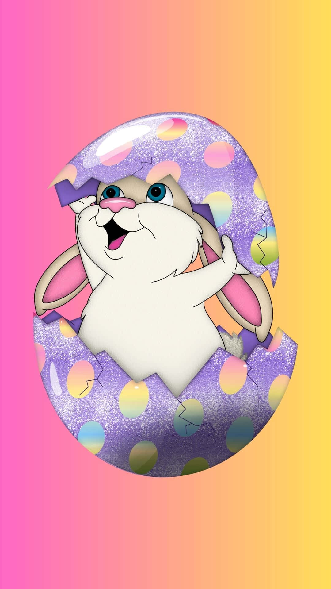 Easter Bunny 桌布 壁紙 — 一隻快樂的卡通兔子從閃閃發光的紫色復活節彩蛋中彈出，背景是充滿活力的粉紅到黃色漸變。