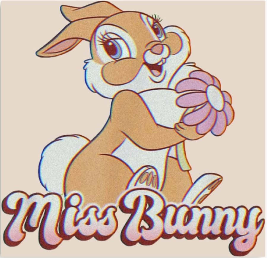 Miss Rabbit 桌布 壁紙 — 一隻快樂的卡通兔子有大眼睛，在泡泡字體的「Miss Bunny」文字下面拿著一朵粉紅色的花。