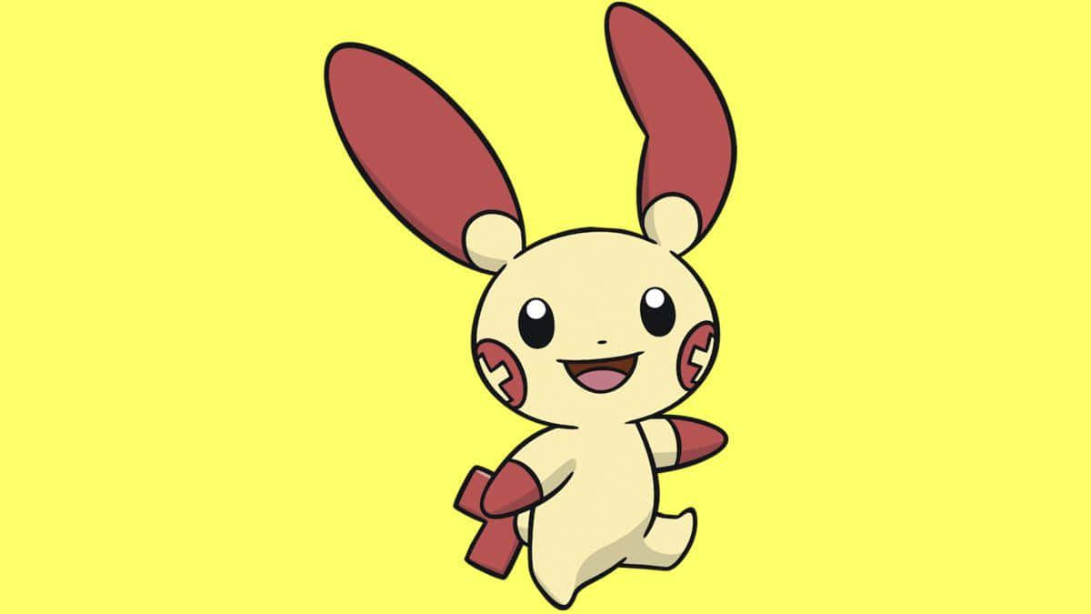 Plusle 桌布 壁紙 — 一隻快樂的卡通兔寶可夢，有紅色耳朵和臉頰，在明亮的黃色背景上歡快地跳躍。